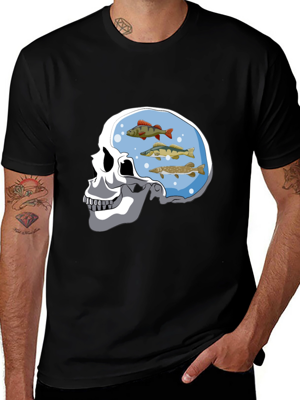 Skull Fish Brain Black Graphic Tee