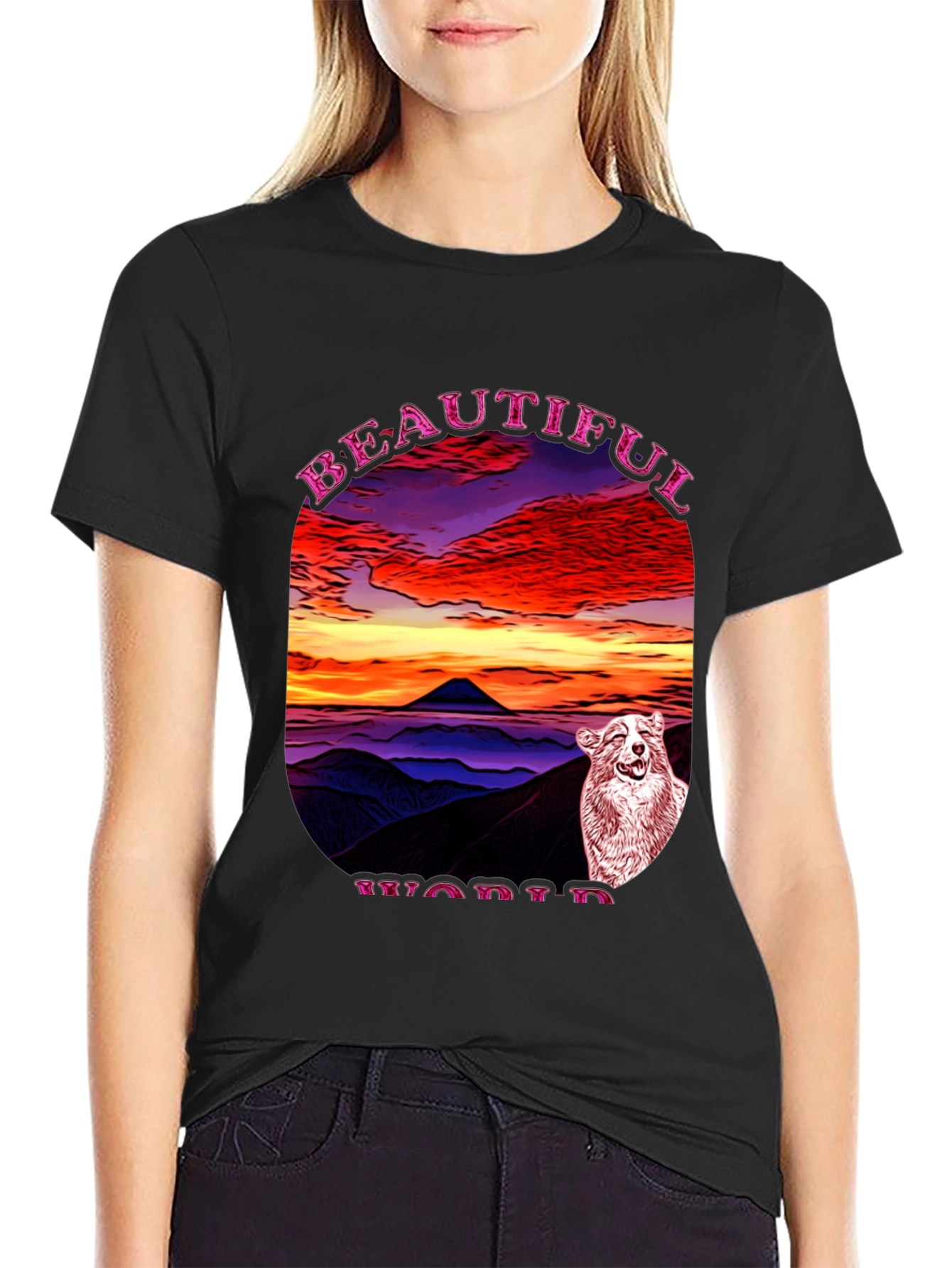 Beautiful World Dog Graphic Black T-Shirt