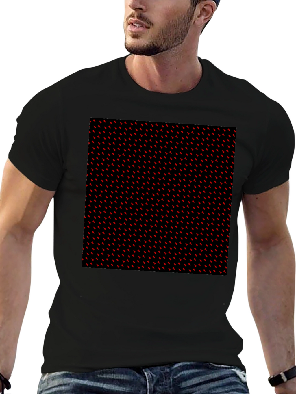 Red Accent Patterned Black Tee