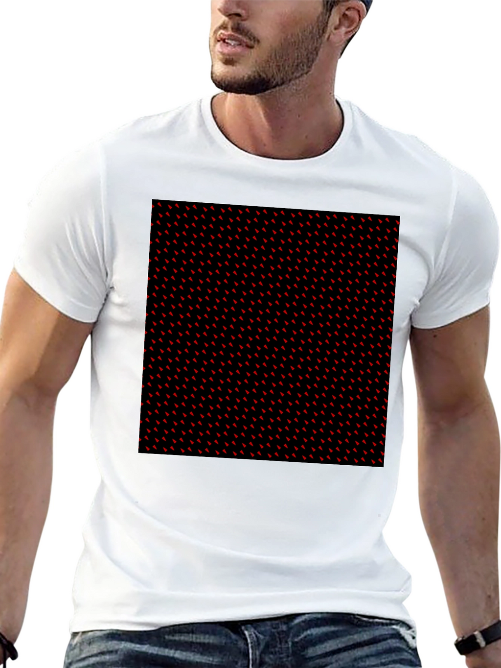 Red Accent Patterned Black Tee