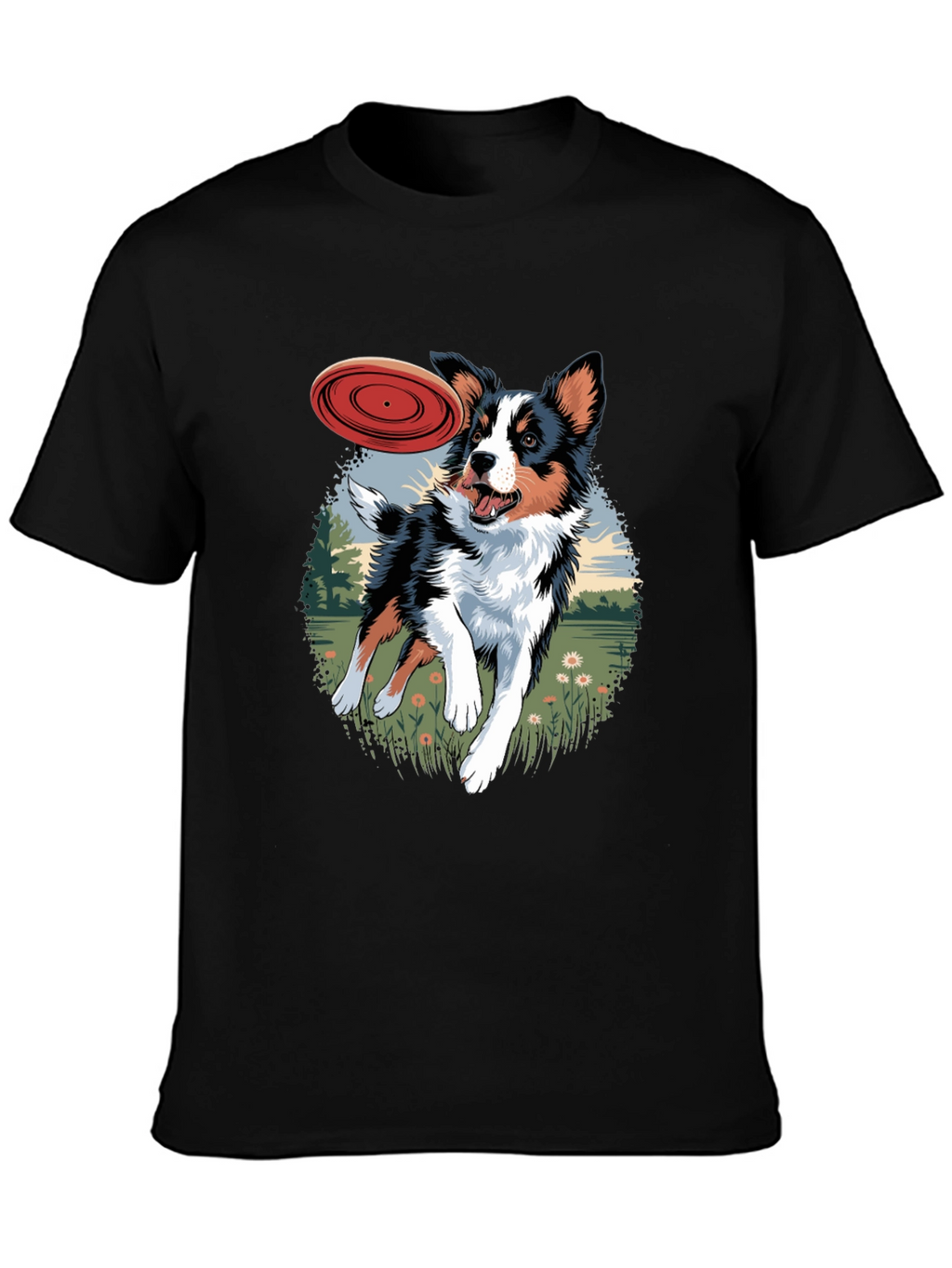 Dog & Frisbee Graphic Tee - Casual Black T-Shirt