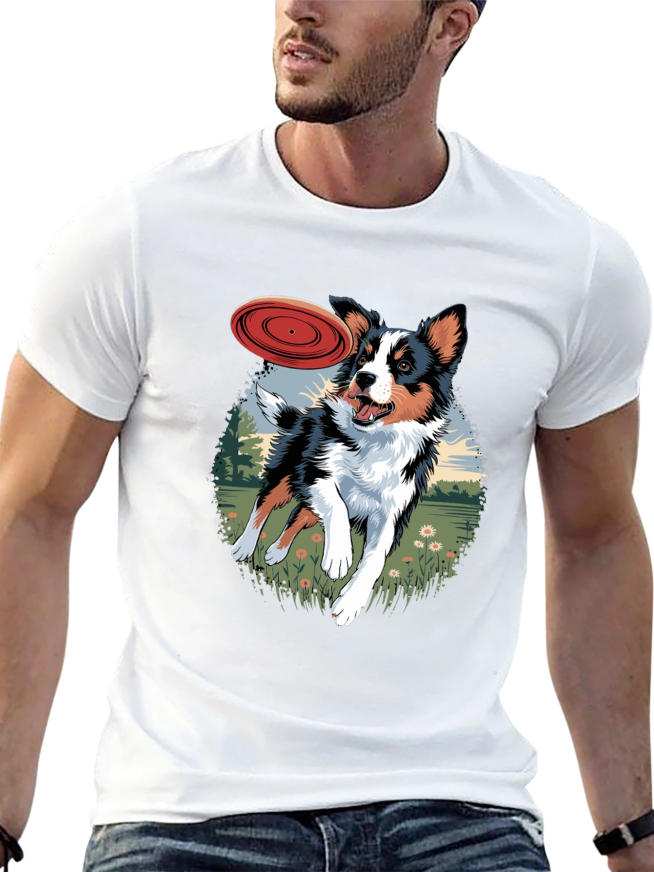 Dog & Frisbee Graphic Tee - Casual Black T-Shirt