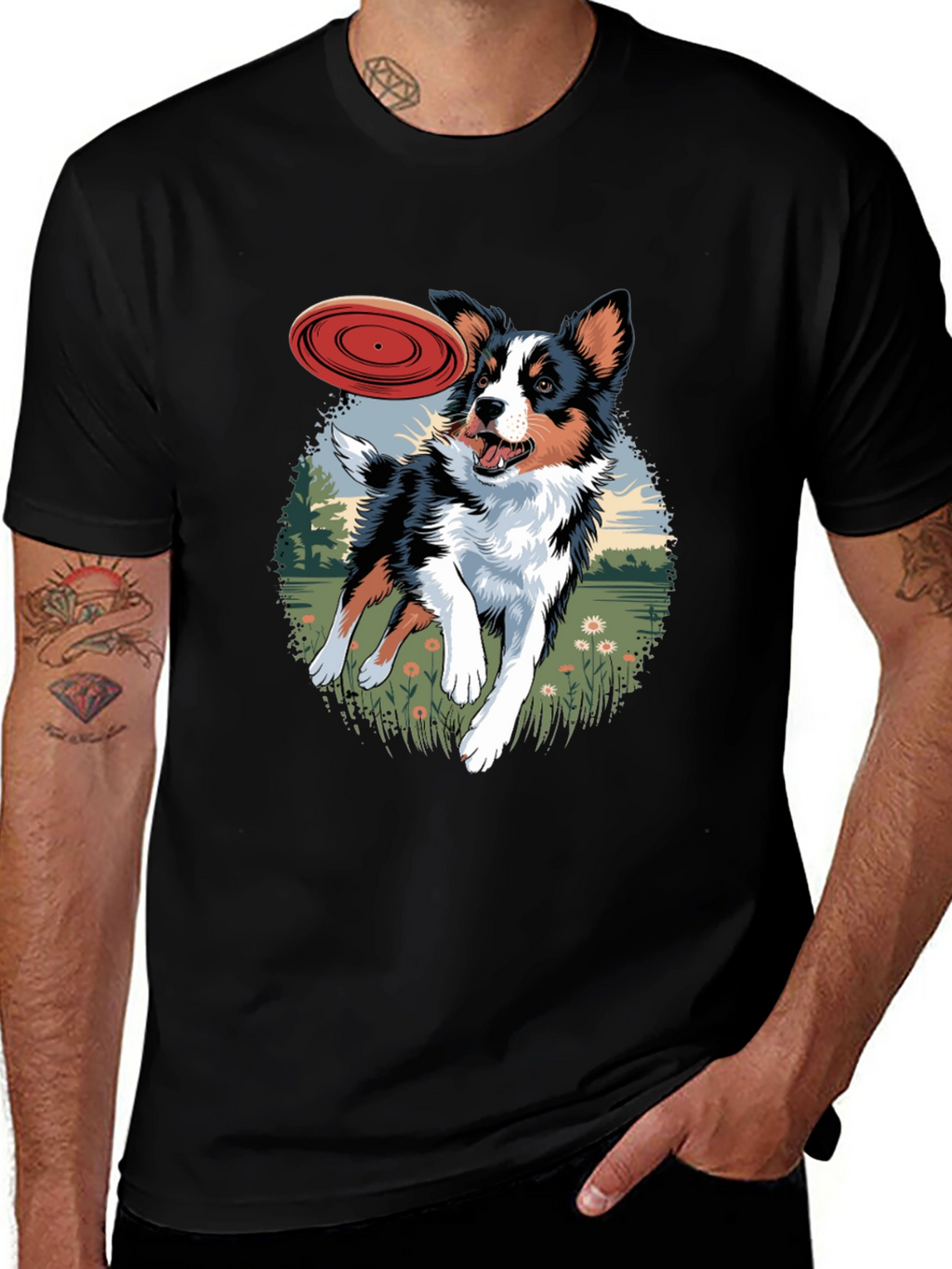 Dog & Frisbee Graphic Tee - Casual Black T-Shirt