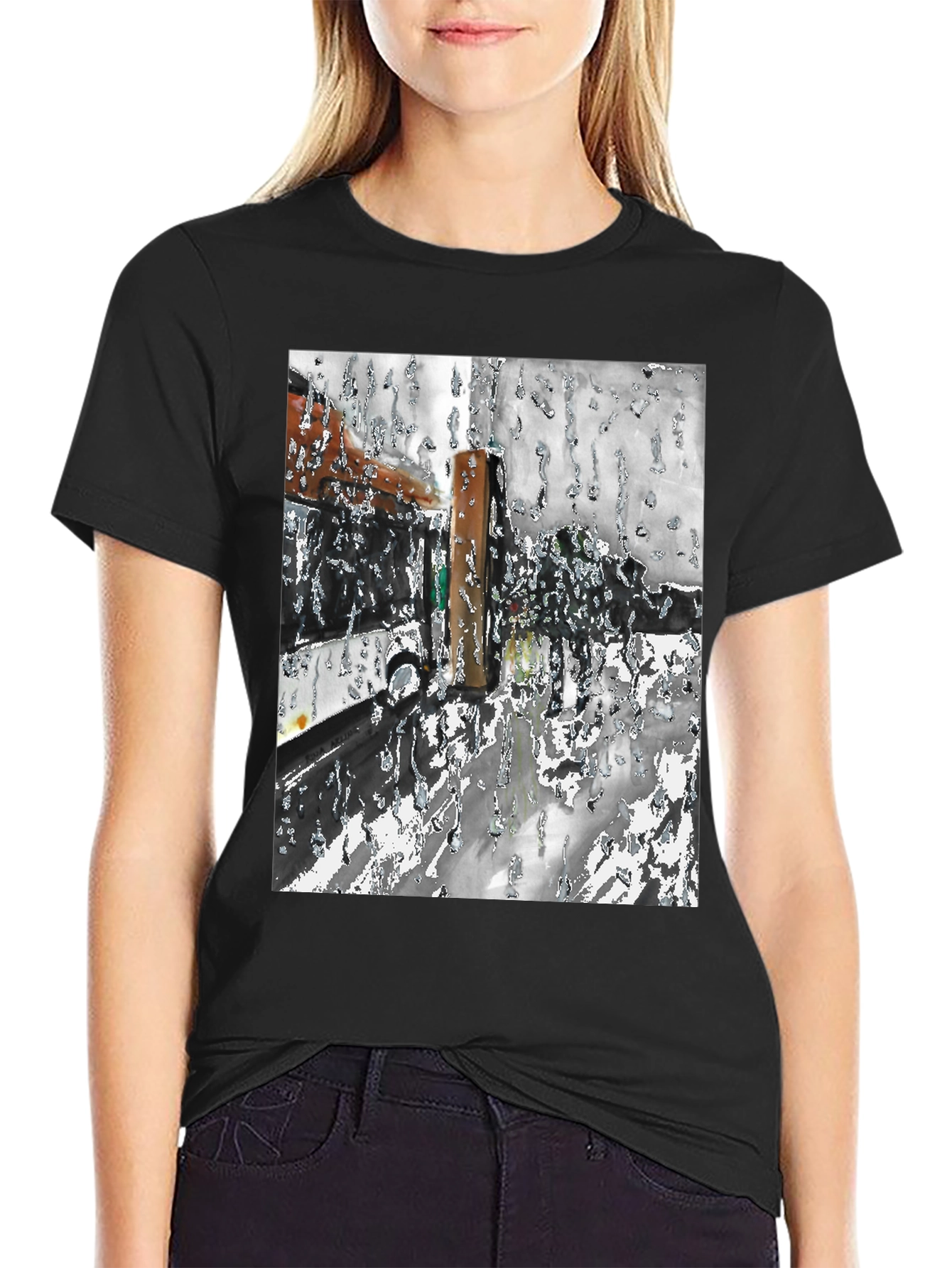 Abstract Rain T-Shirt: Artistic Black Tee for Casual Wear