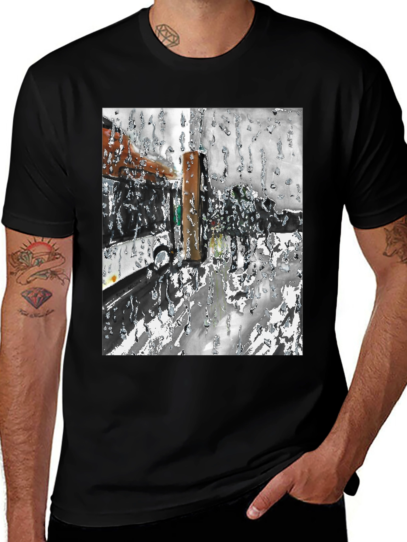 Abstract Rain T-Shirt: Artistic Black Tee for Casual Wear
