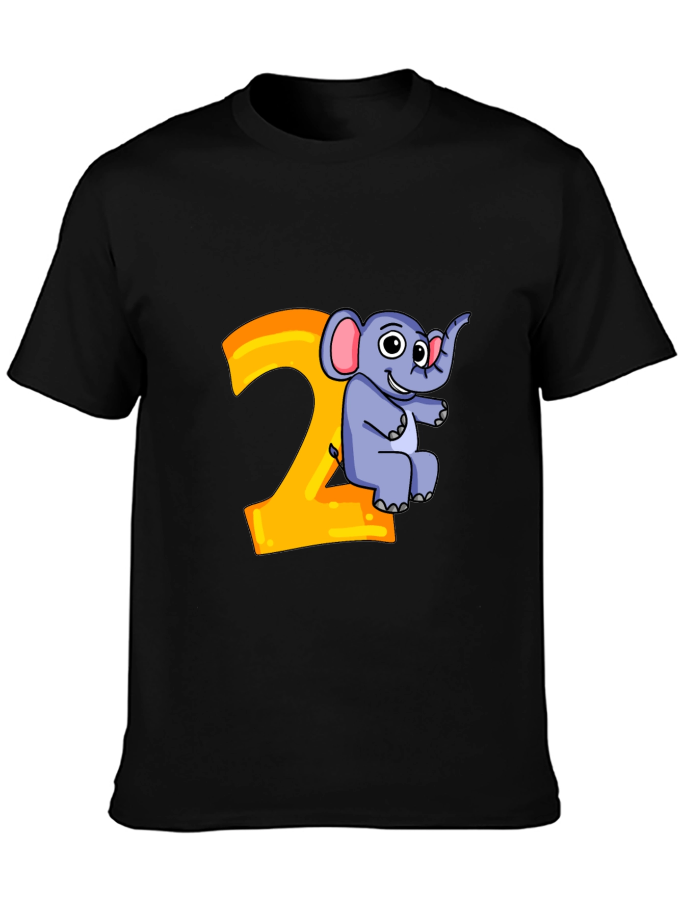 Cute Cartoon Elephant 2nd Birthday Black T-Shirt