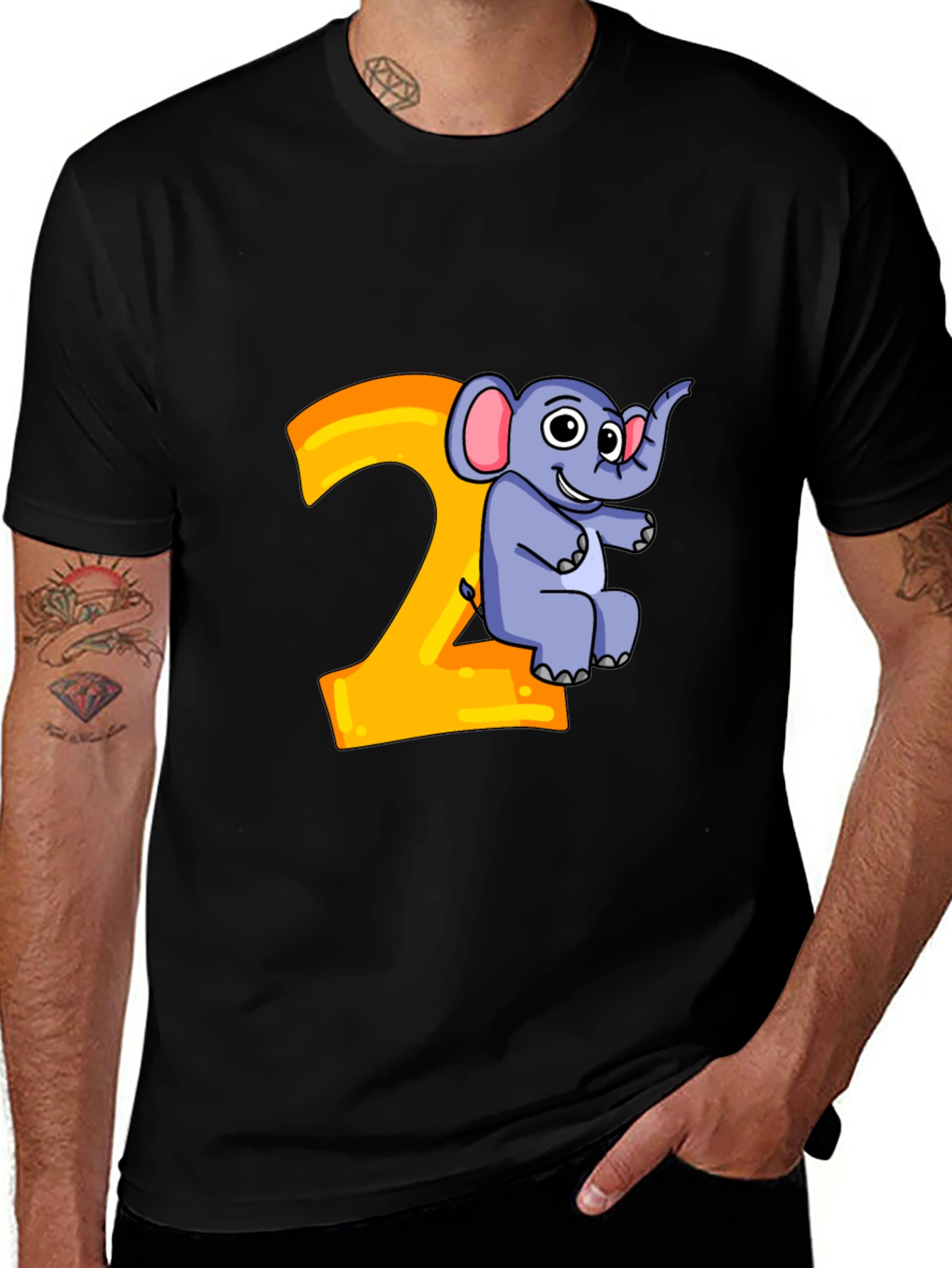 Cute Cartoon Elephant 2nd Birthday Black T-Shirt