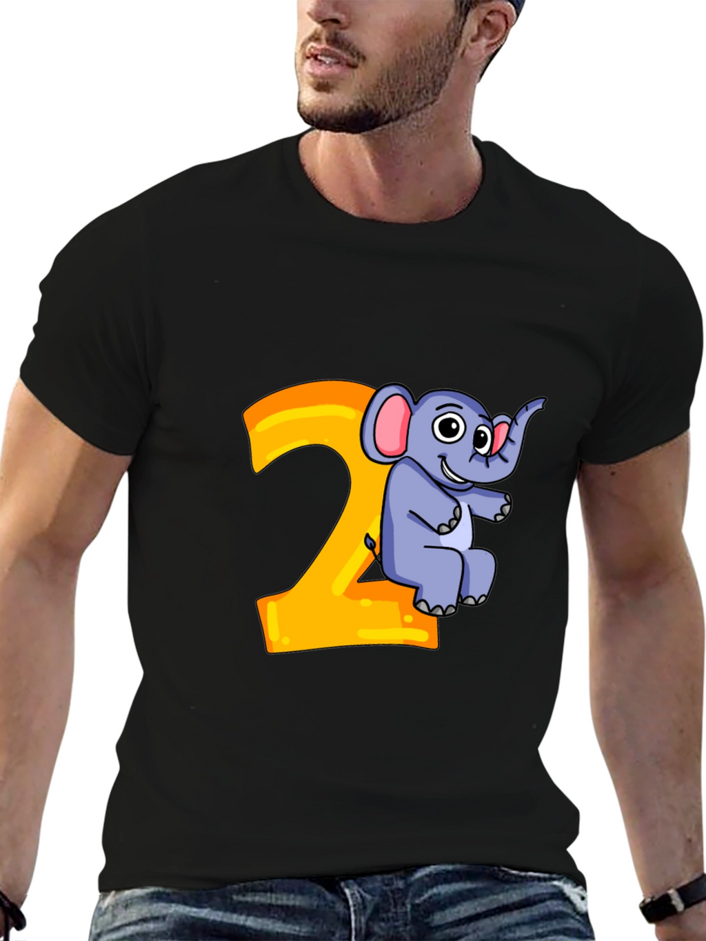 Cute Cartoon Elephant 2nd Birthday Black T-Shirt