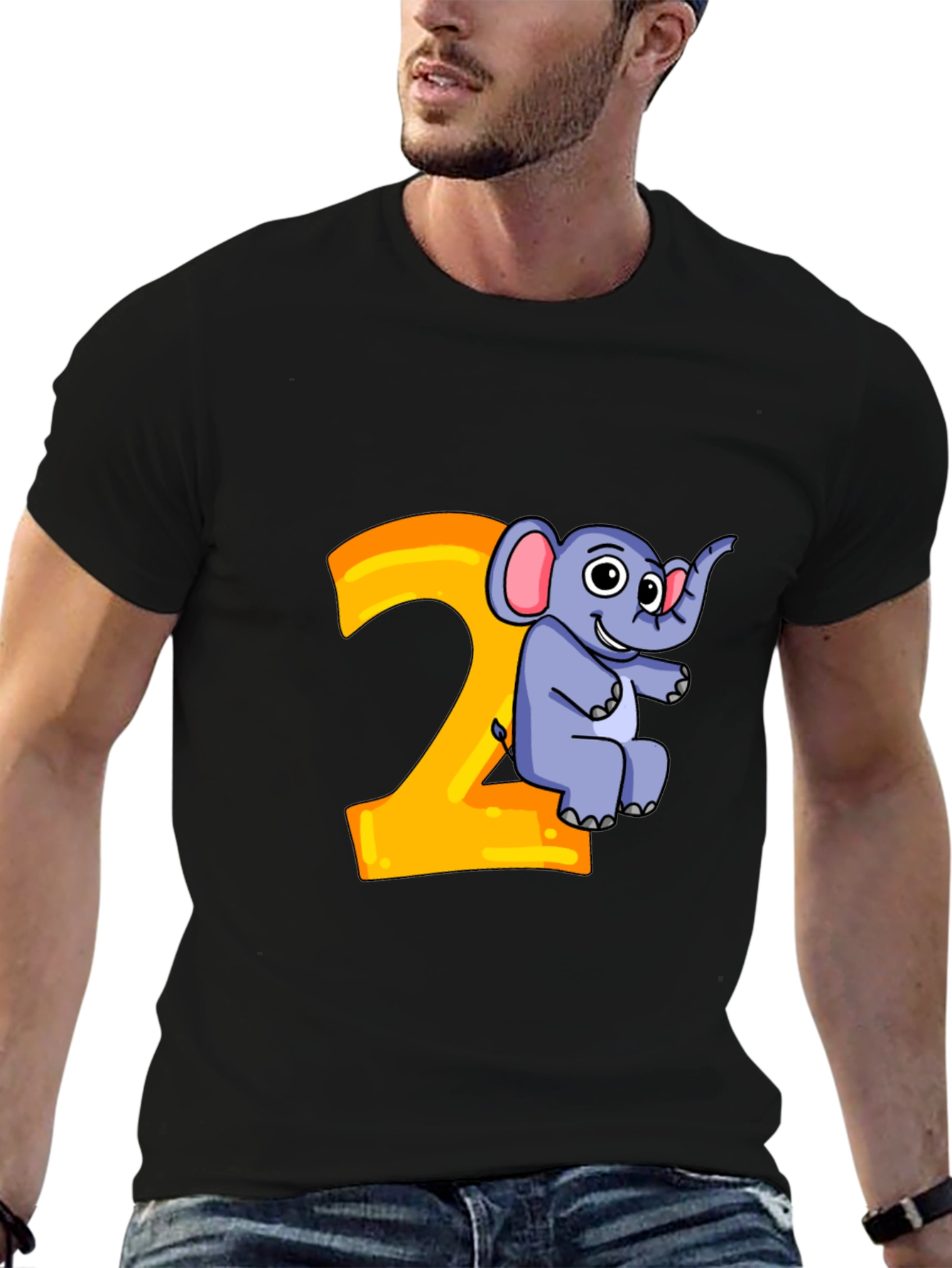 Cute Cartoon Elephant 2nd Birthday Black T-Shirt