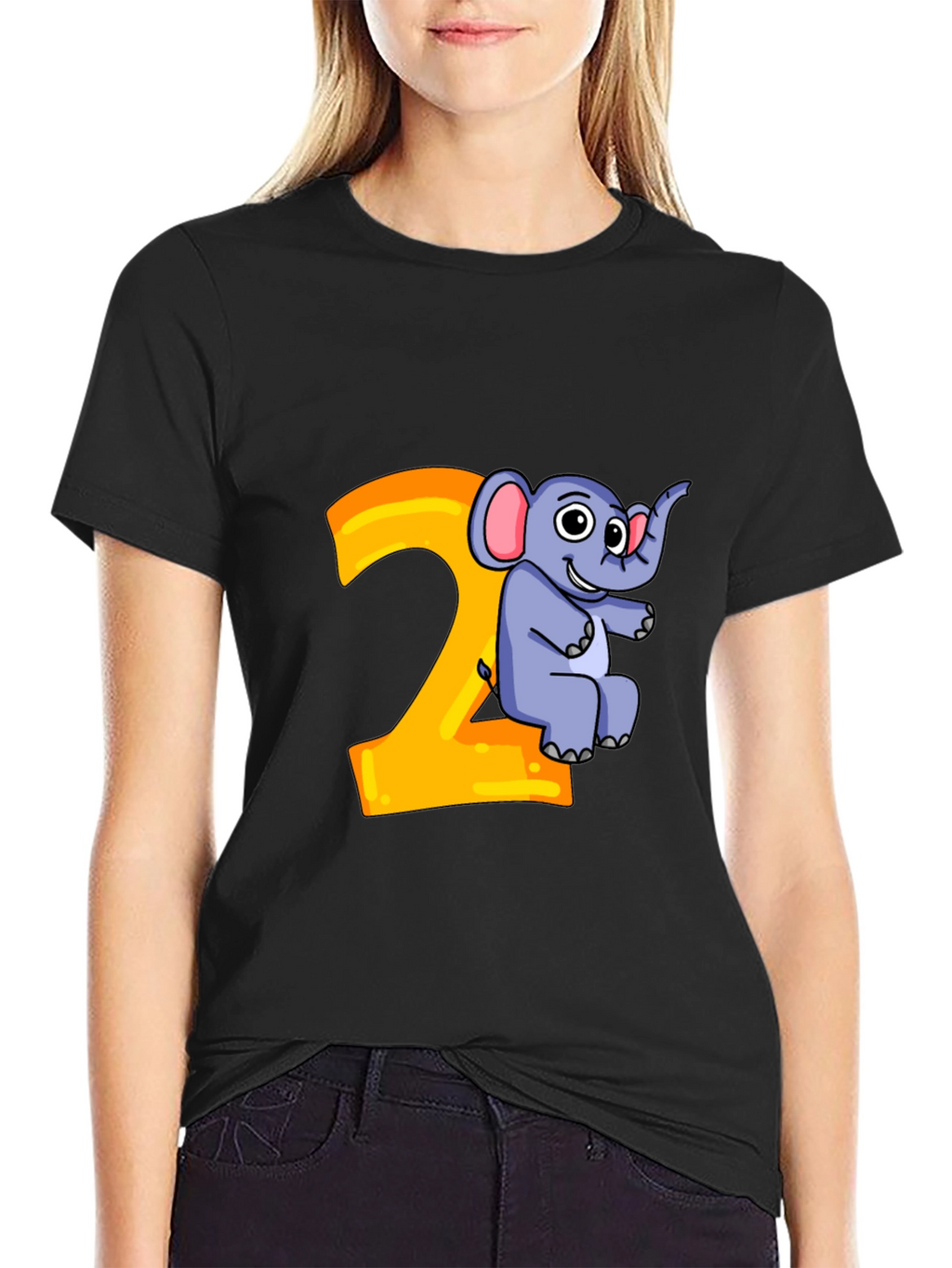 Cute Cartoon Elephant 2nd Birthday Black T-Shirt