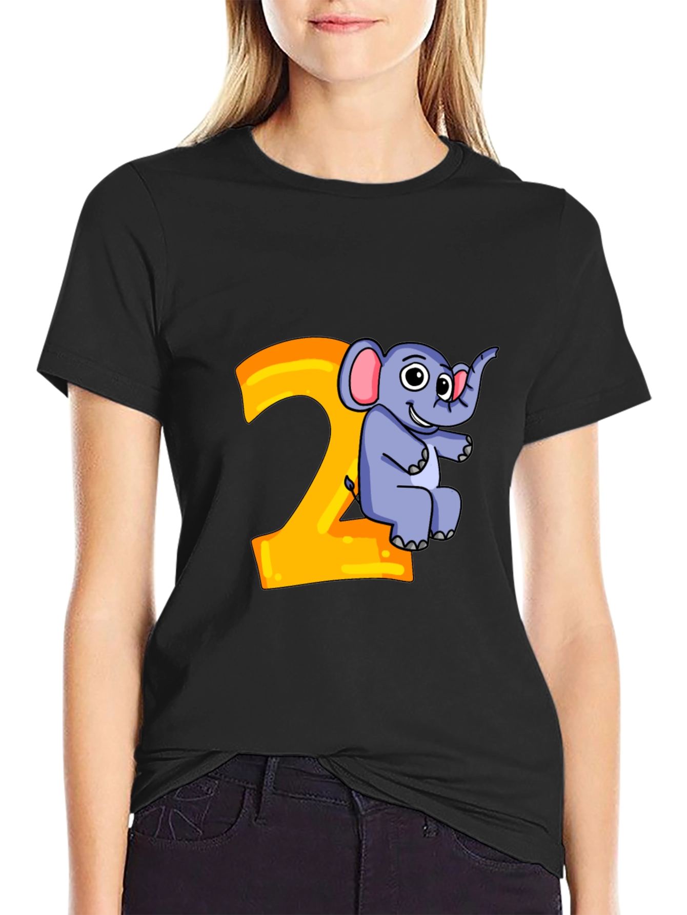 Cute Cartoon Elephant 2nd Birthday Black T-Shirt