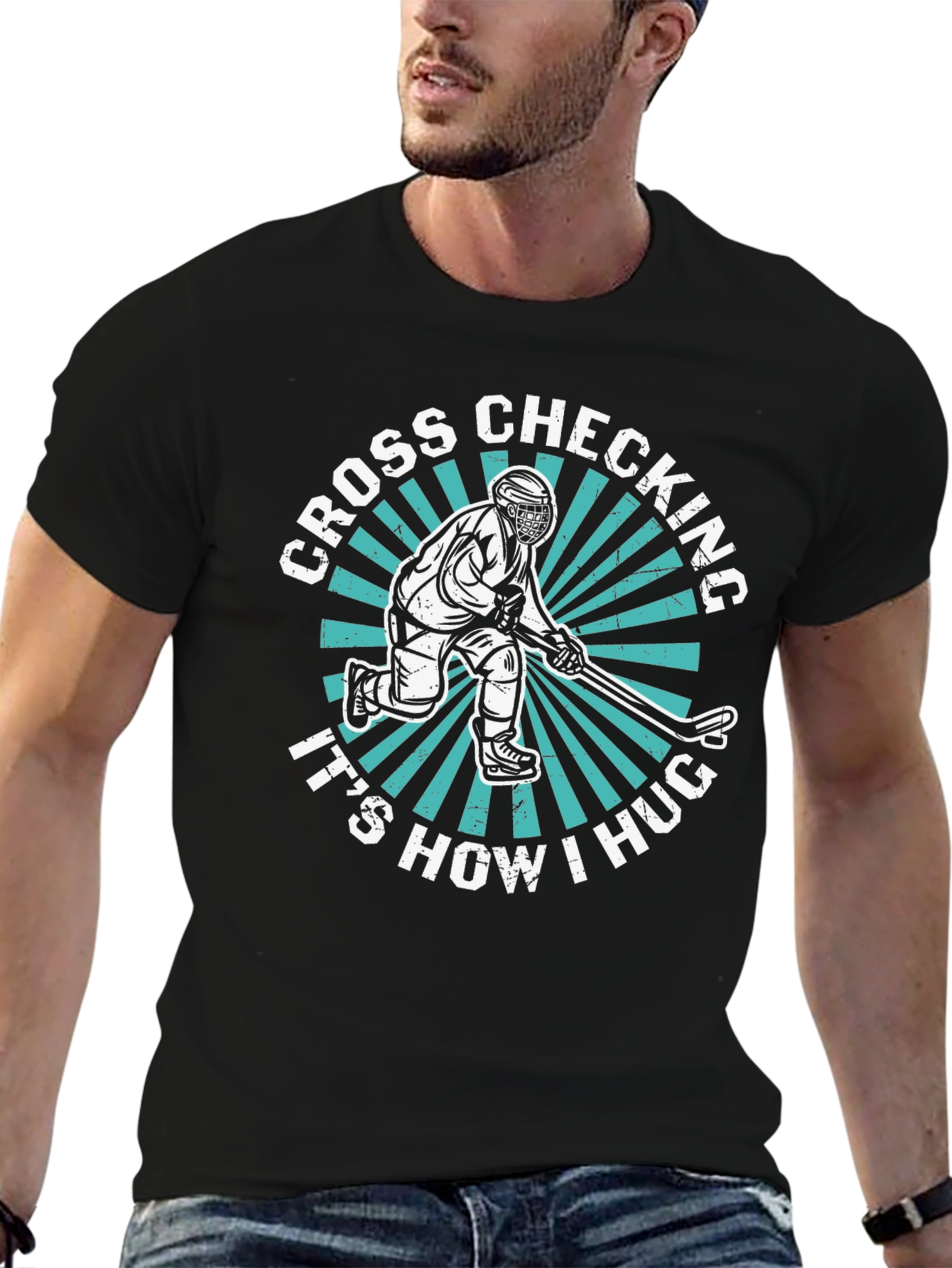 Cross Checking Hockey Hug T-Shirt - Sporty Graphic Tee