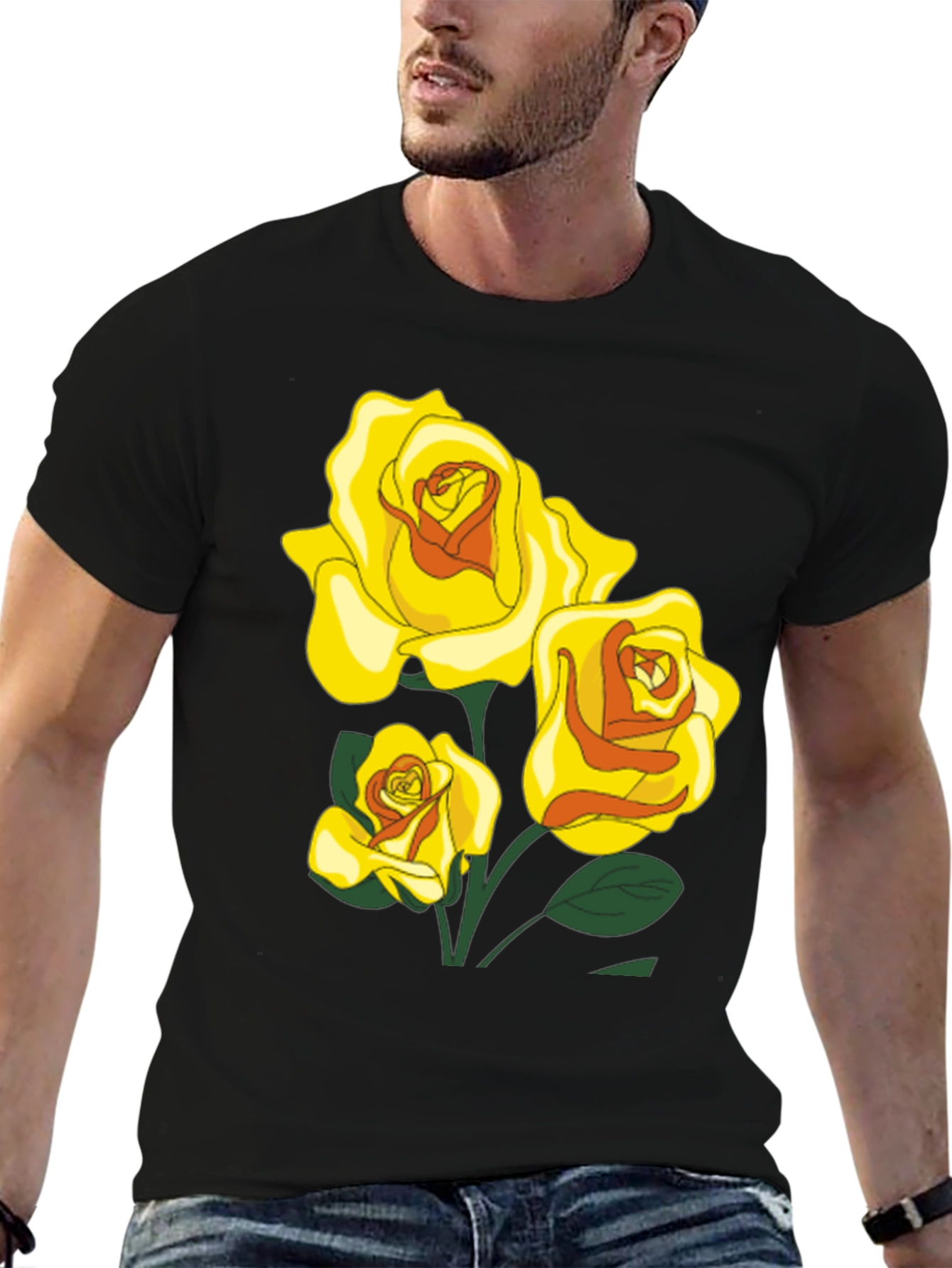 Black T-Shirt with Yellow Roses Graphic