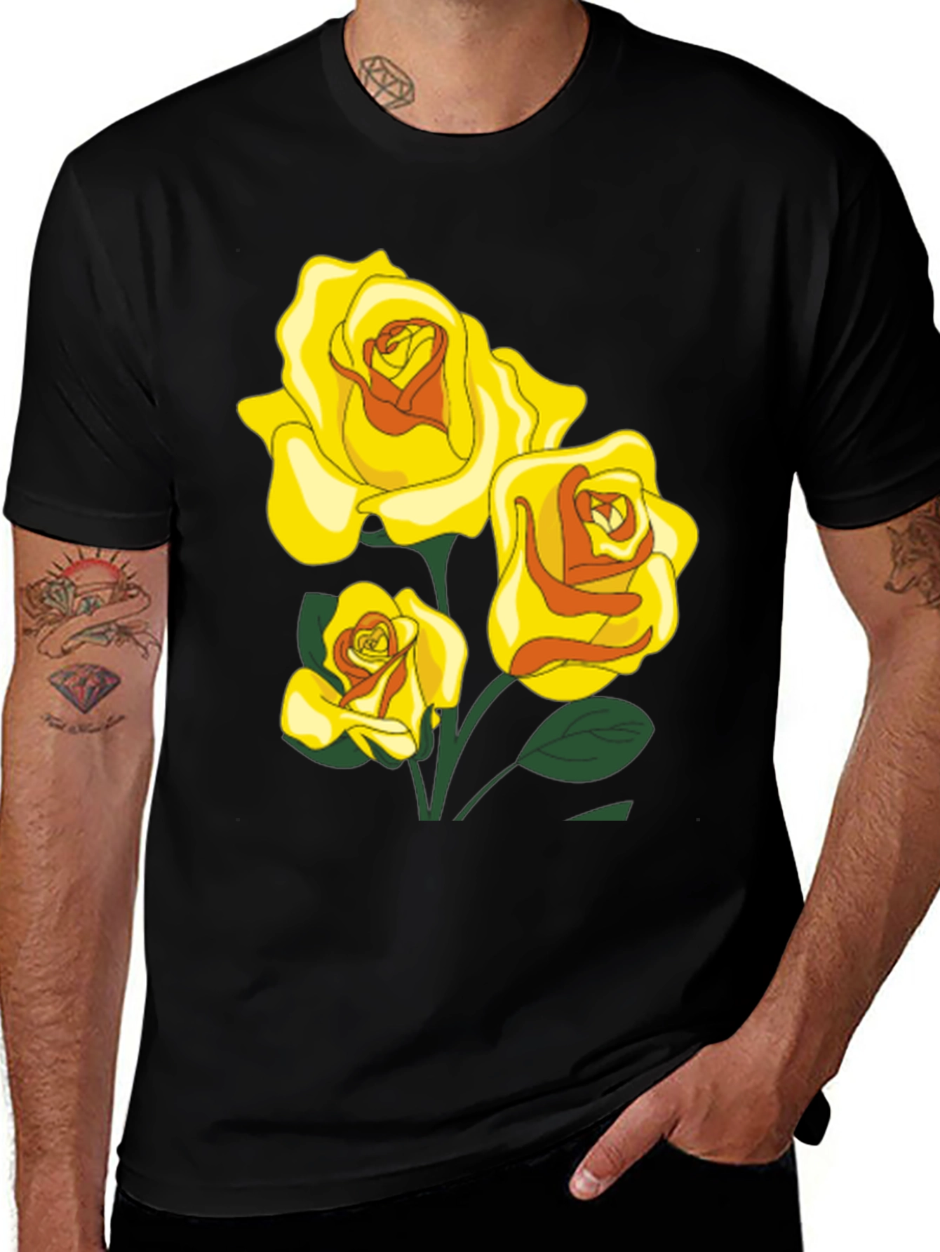 Black T-Shirt with Yellow Roses Graphic