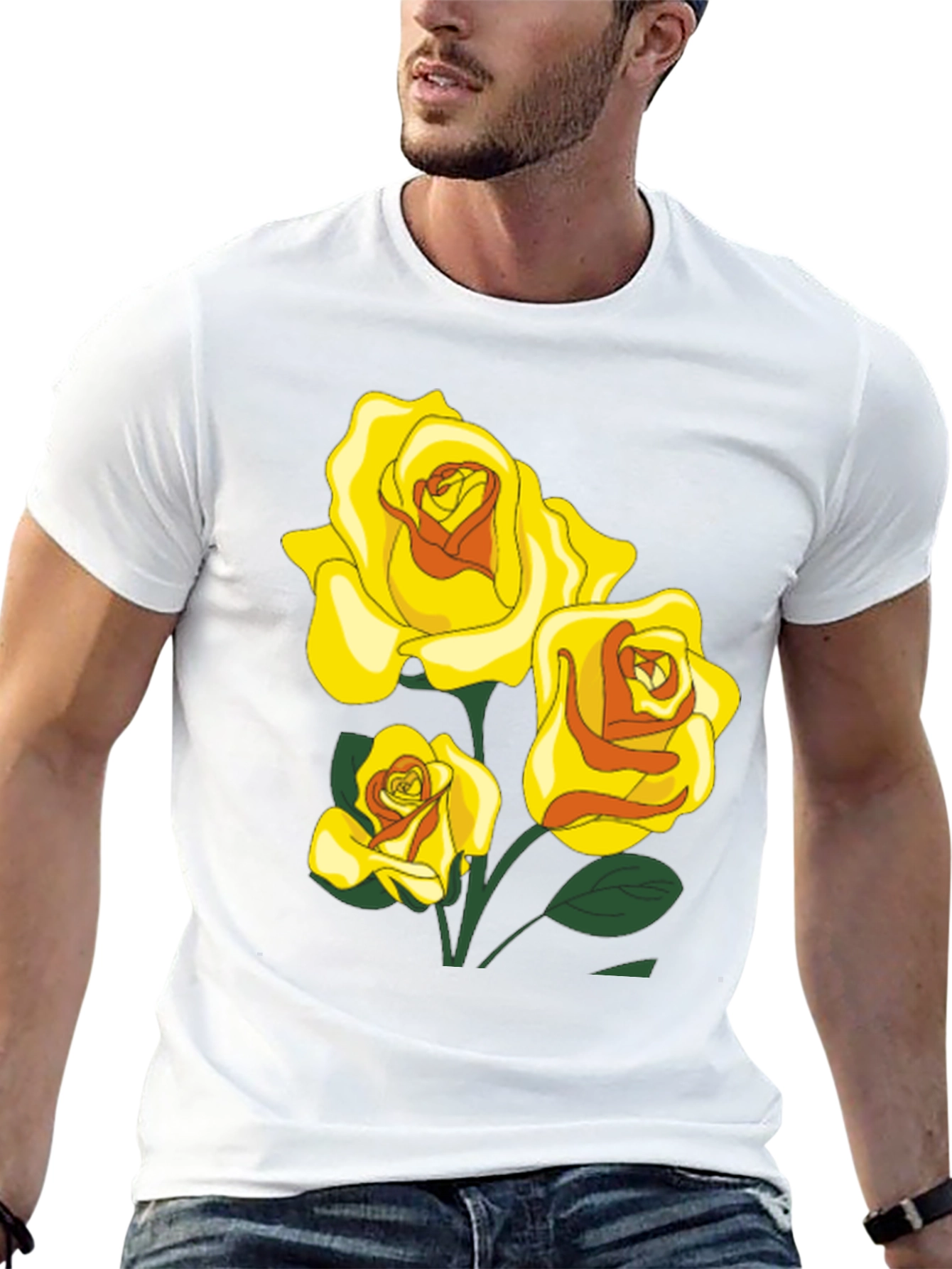 Black T-Shirt with Yellow Roses Graphic