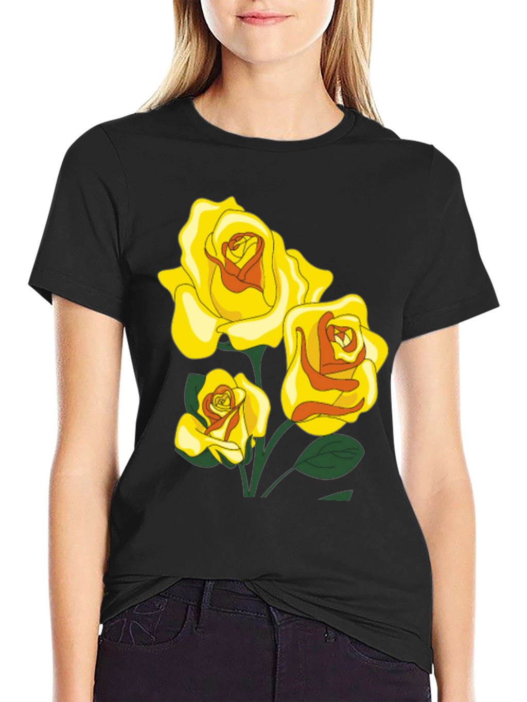 Black T-Shirt with Yellow Roses Graphic