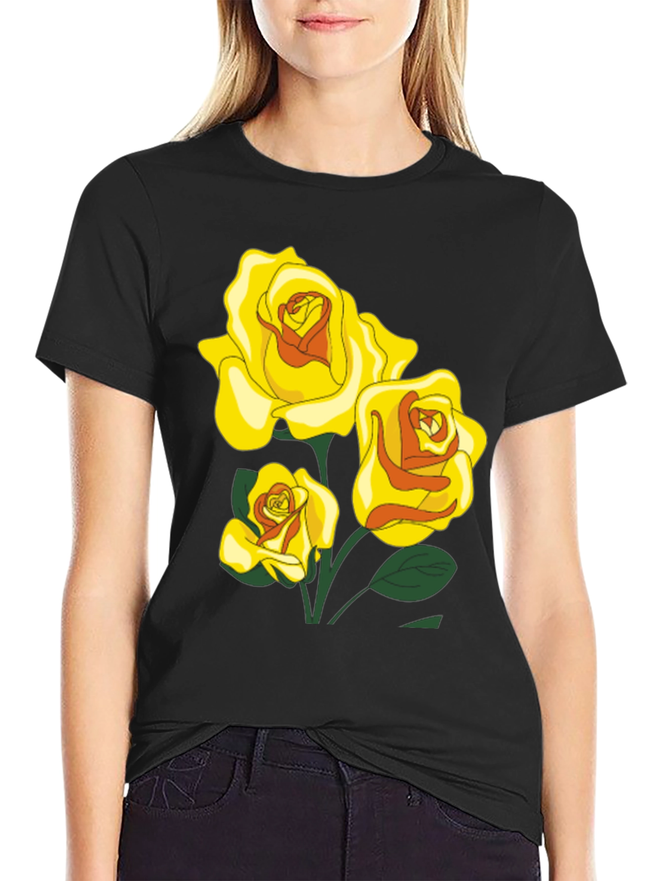 Black T-Shirt with Yellow Roses Graphic