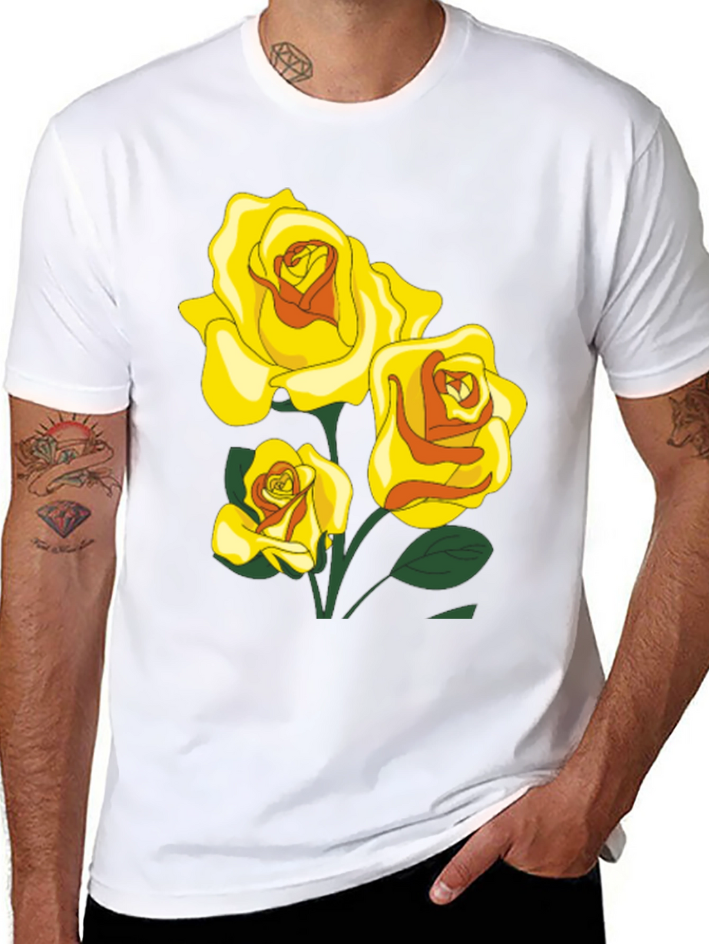 Black T-Shirt with Yellow Roses Graphic