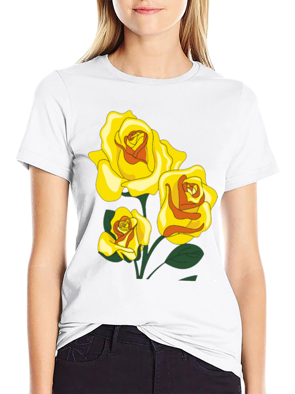 Black T-Shirt with Yellow Roses Graphic