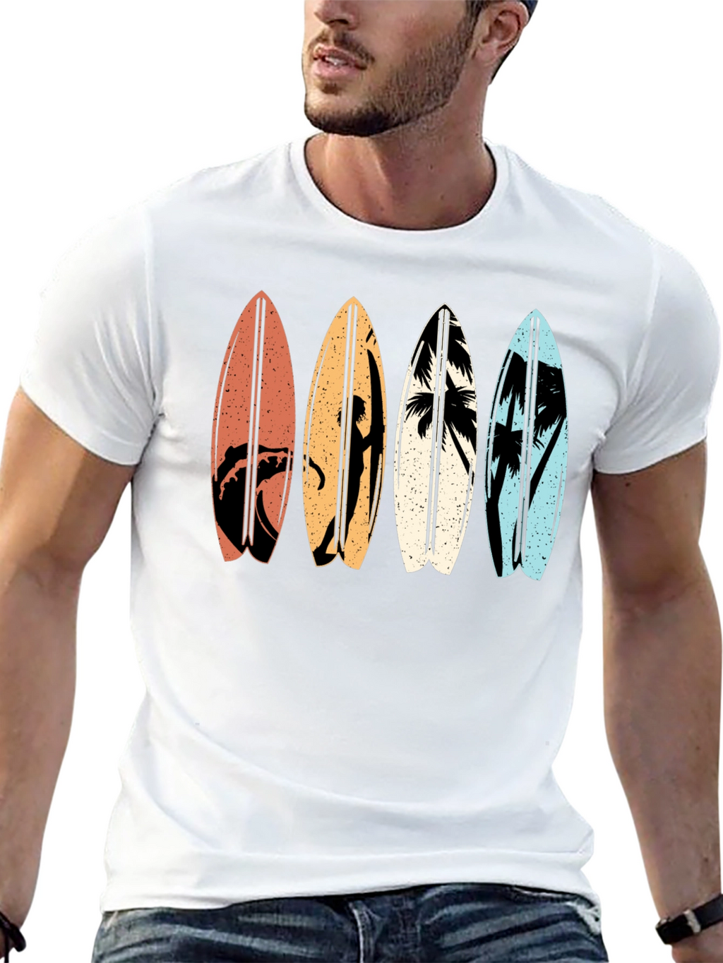 Retro Surfboard Graphic Tee - Black Cotton T-Shirt