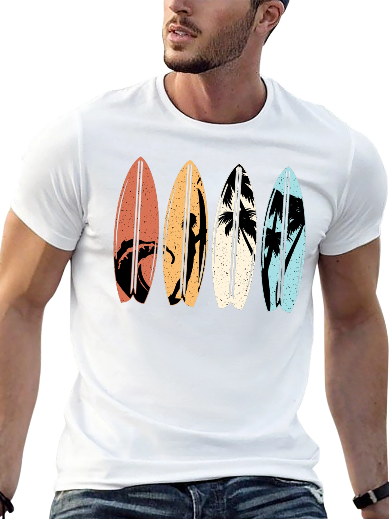 Retro Surfboard Graphic Tee - Black Cotton T-Shirt