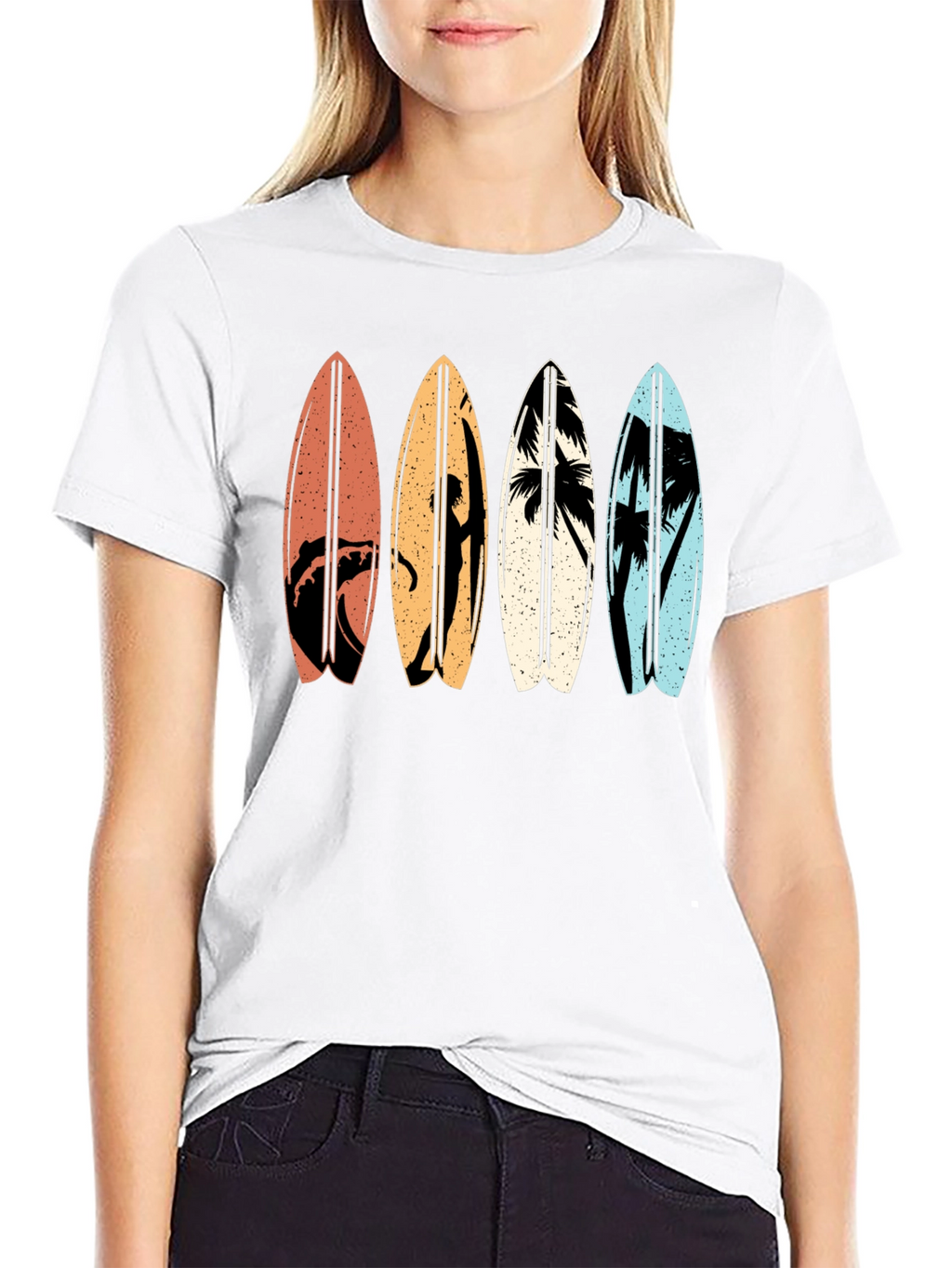 Retro Surfboard Graphic Tee - Black Cotton T-Shirt