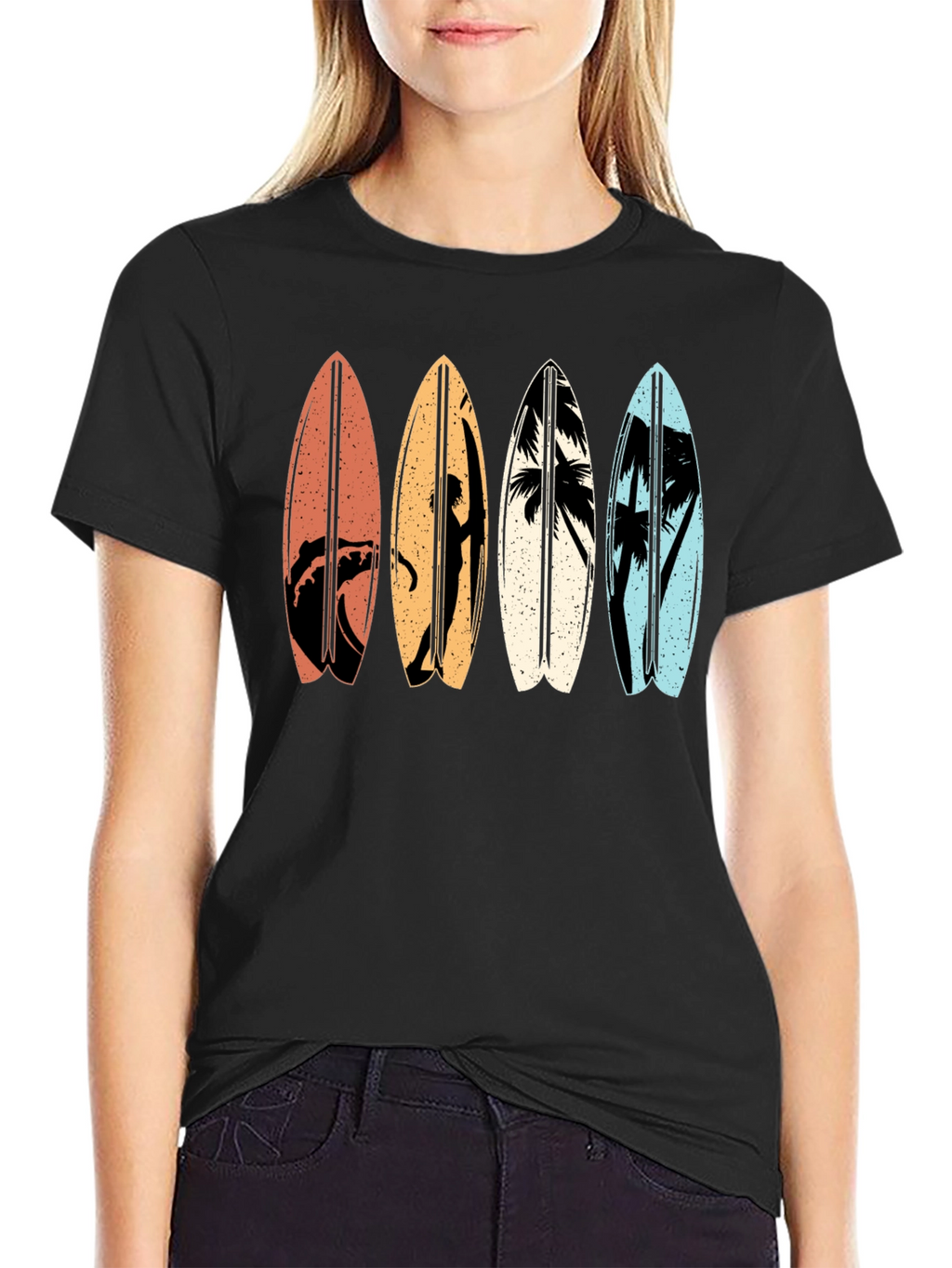 Retro Surfboard Graphic Tee - Black Cotton T-Shirt