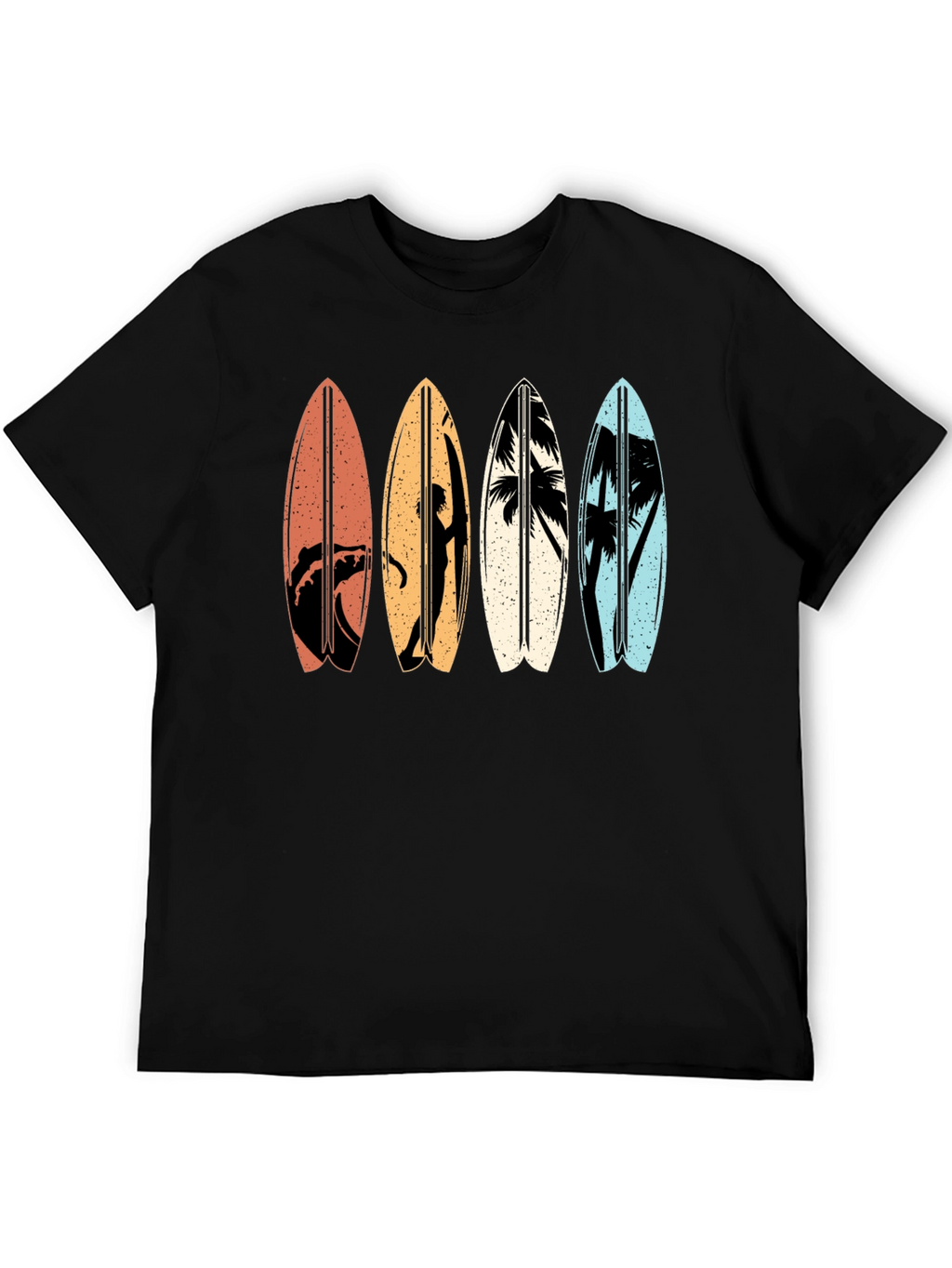 Retro Surfboard Graphic Tee - Black Cotton T-Shirt
