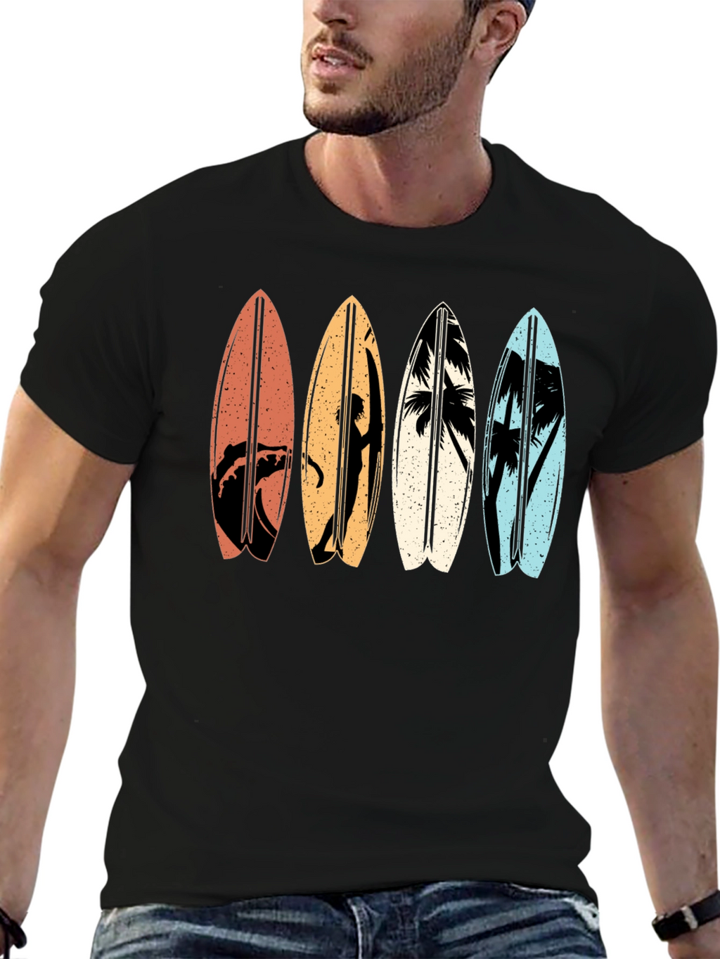 Retro Surfboard Graphic Tee - Black Cotton T-Shirt