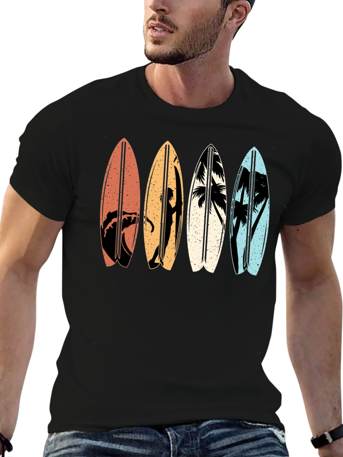 Retro Surfboard Graphic Tee - Black Cotton T-Shirt