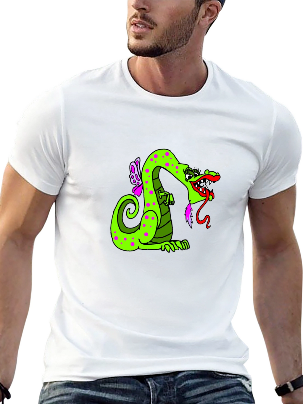 Green Dragon Cartoon Graphic Black T-Shirt