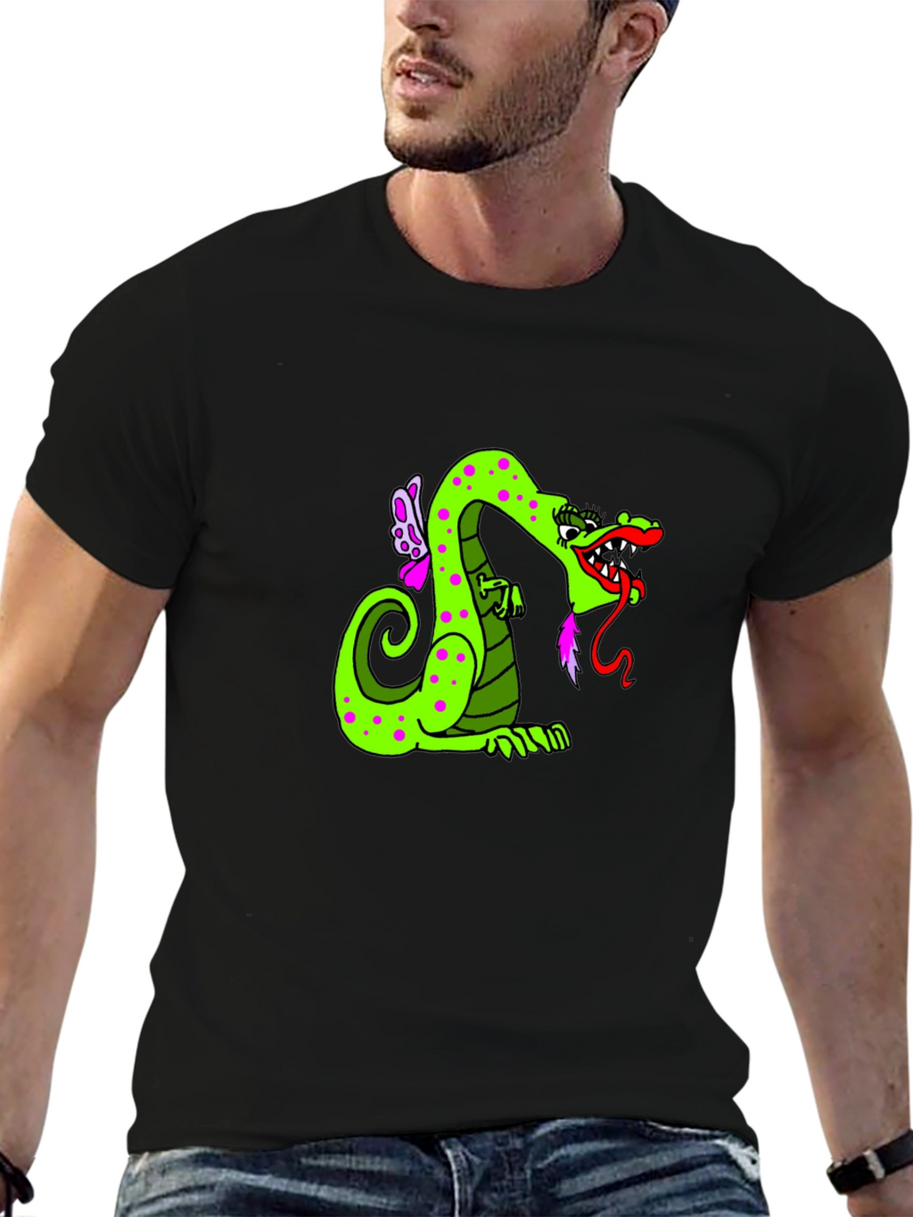 Green Dragon Cartoon Graphic Black T-Shirt
