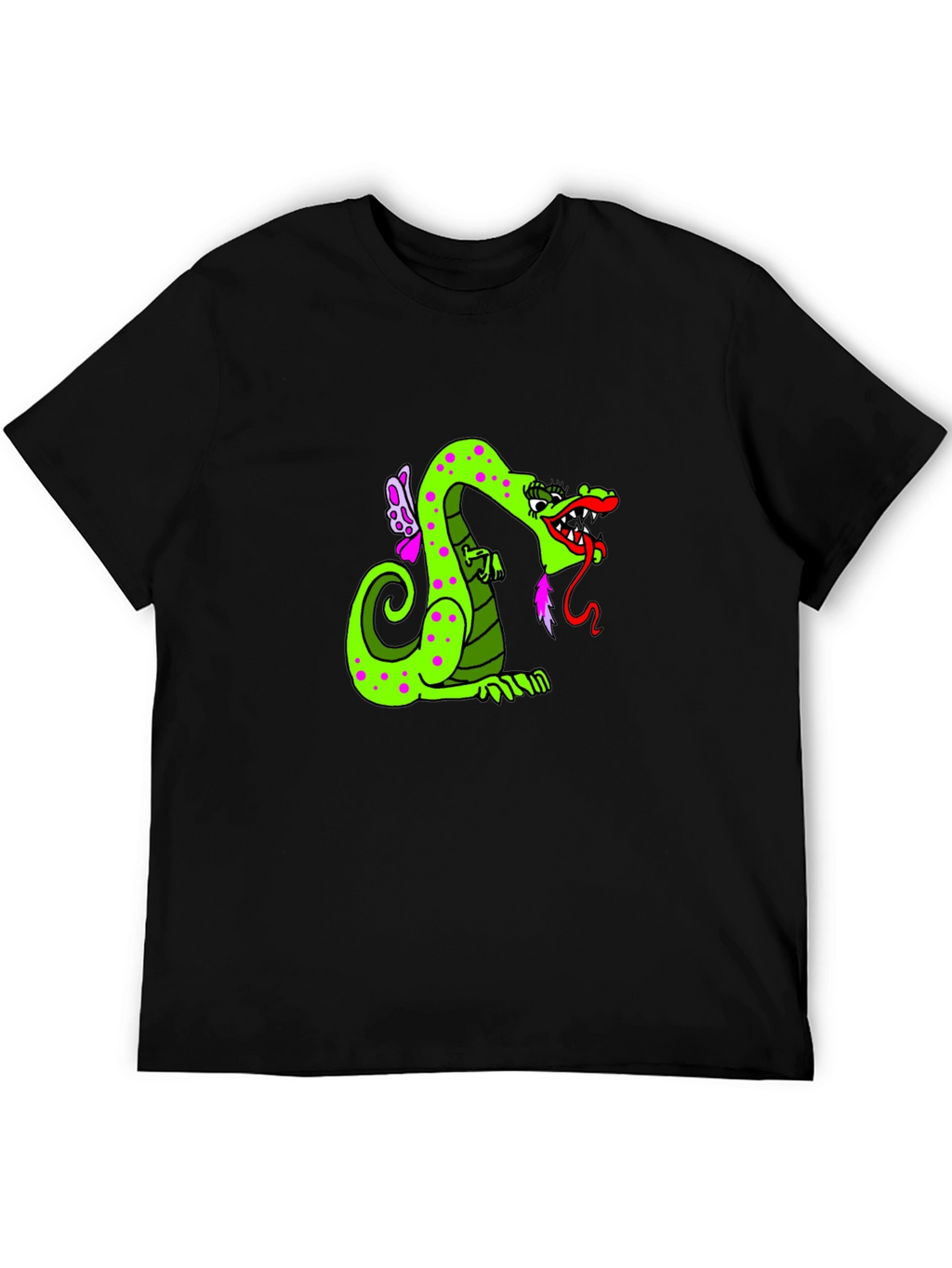 Green Dragon Cartoon Graphic Black T-Shirt