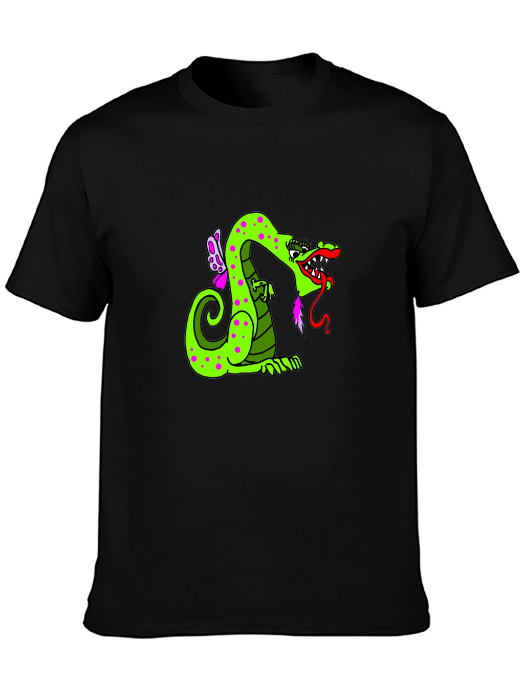 Green Dragon Cartoon Graphic Black T-Shirt