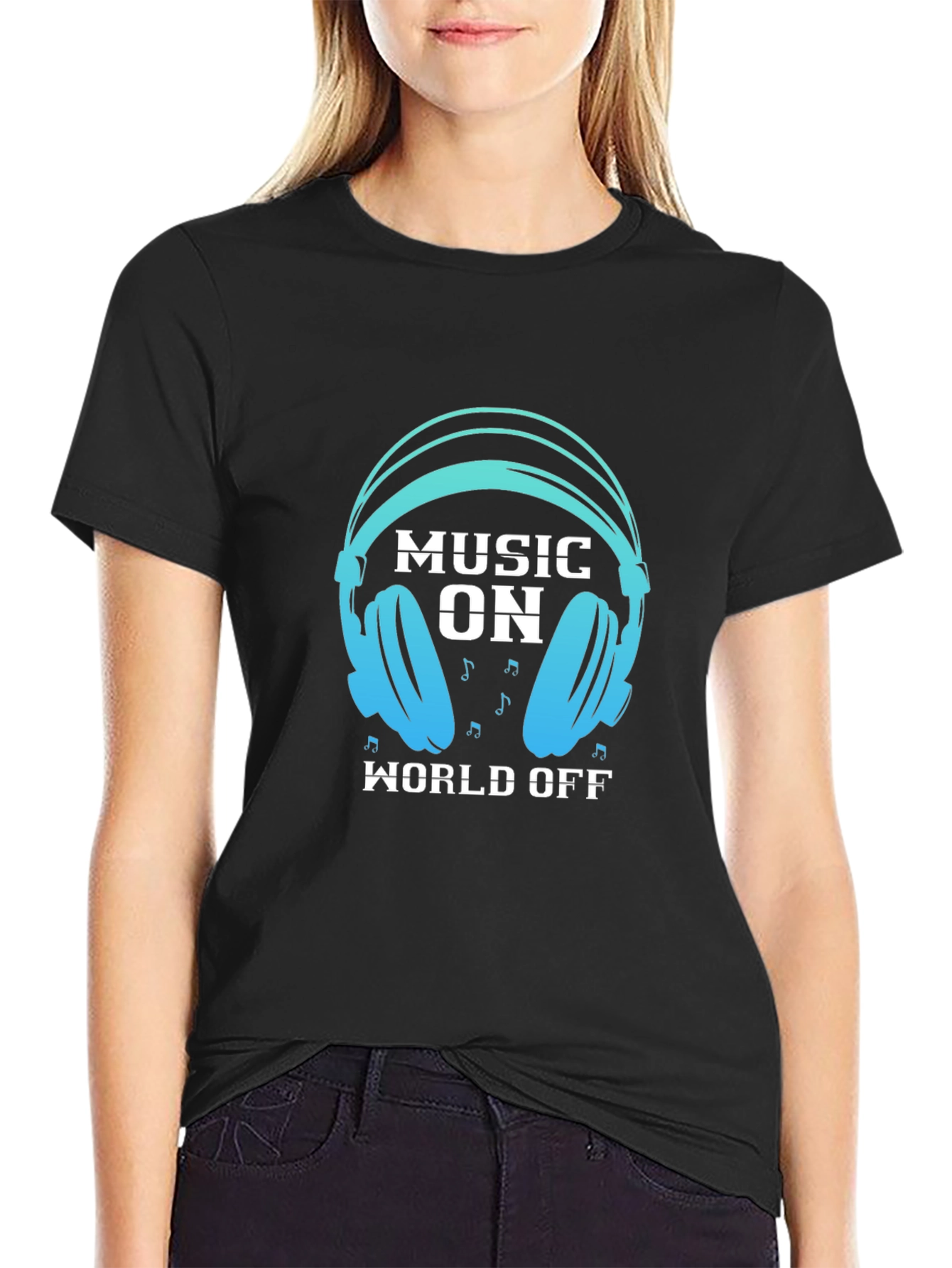 Music On World Off Black Graphic Tee