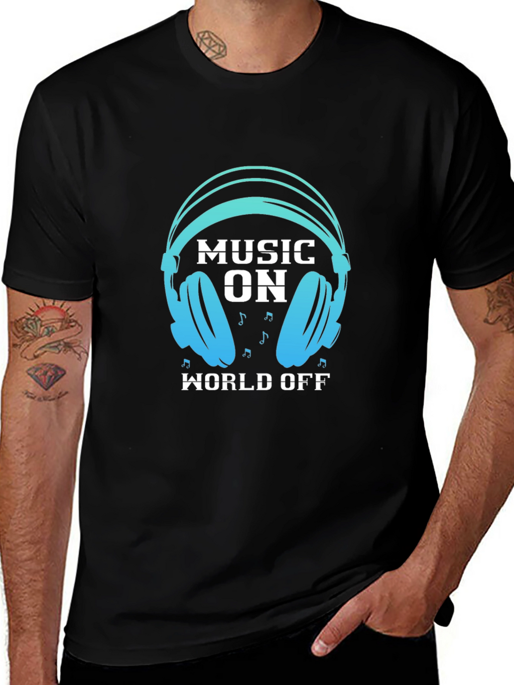 Music On World Off Black Graphic Tee