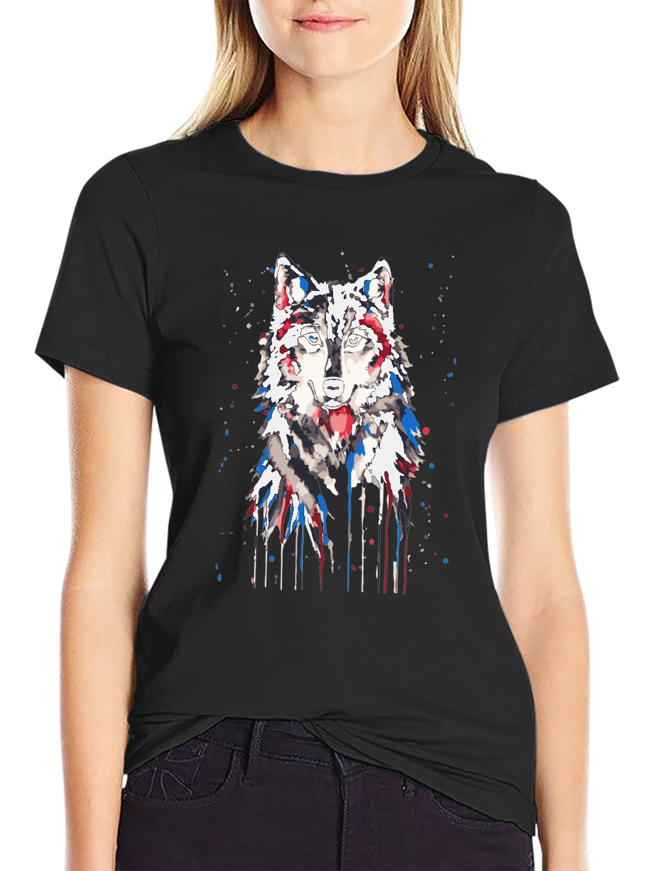 Watercolor Wolf Graphic T-Shirt - Black