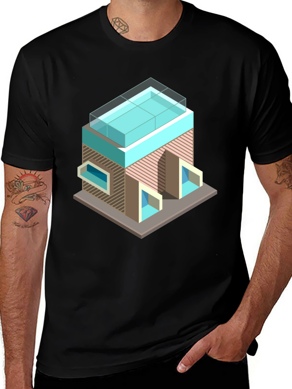 Modern Building Graphic Tee - Black Cotton Blend