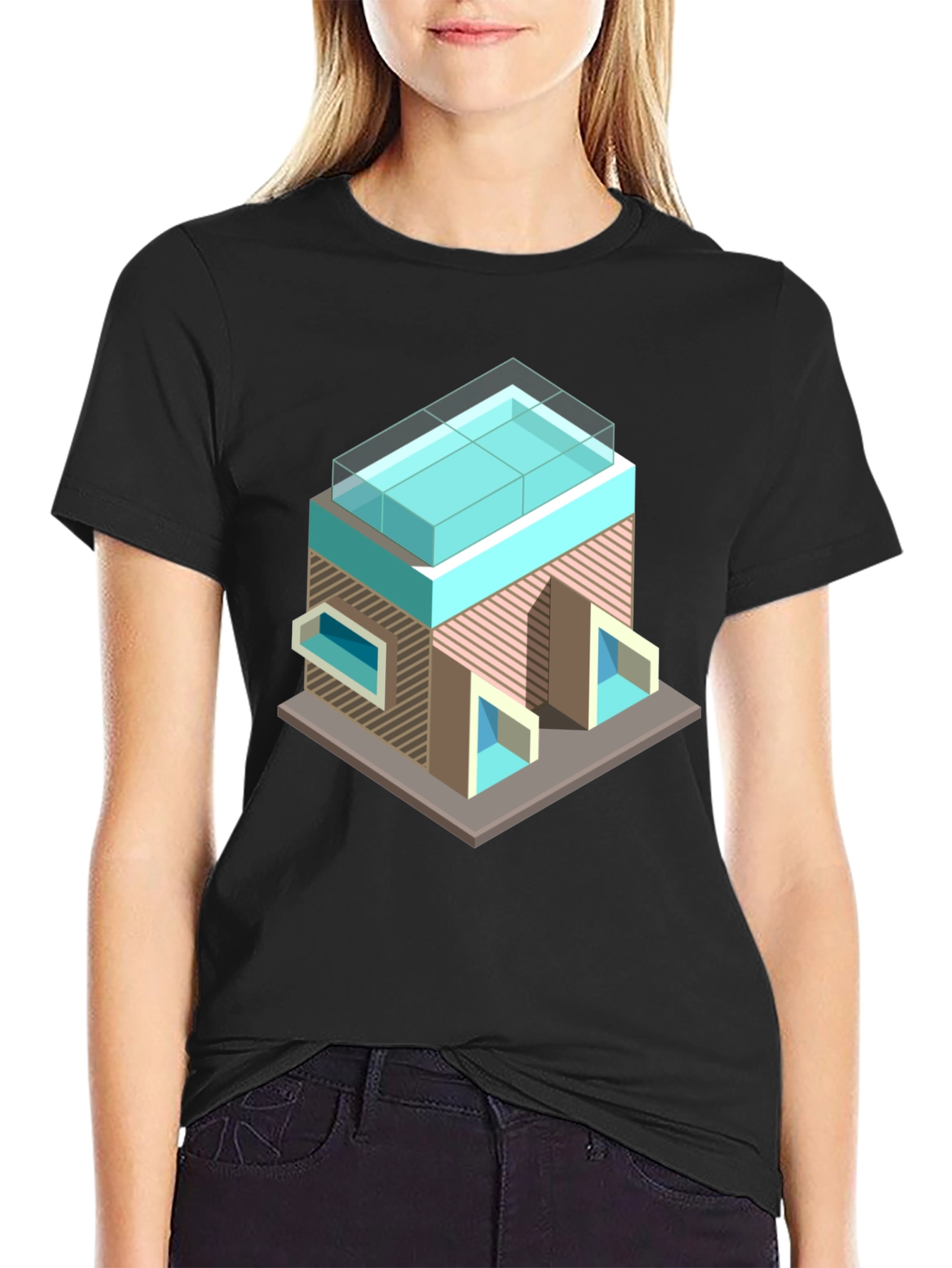 Modern Building Graphic Tee - Black Cotton Blend