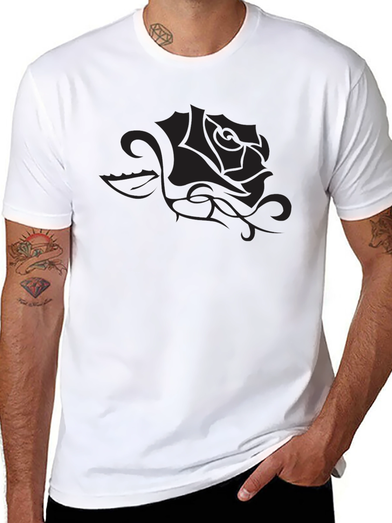 Mens Black T-Shirt with Rose Graphic