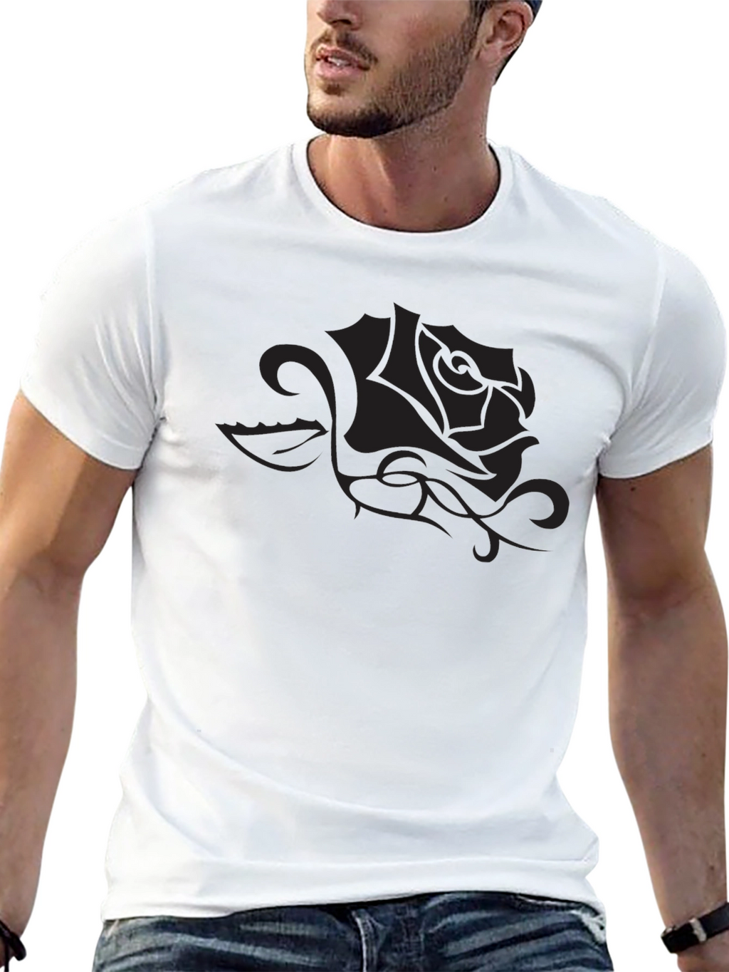 Mens Black T-Shirt with Rose Graphic