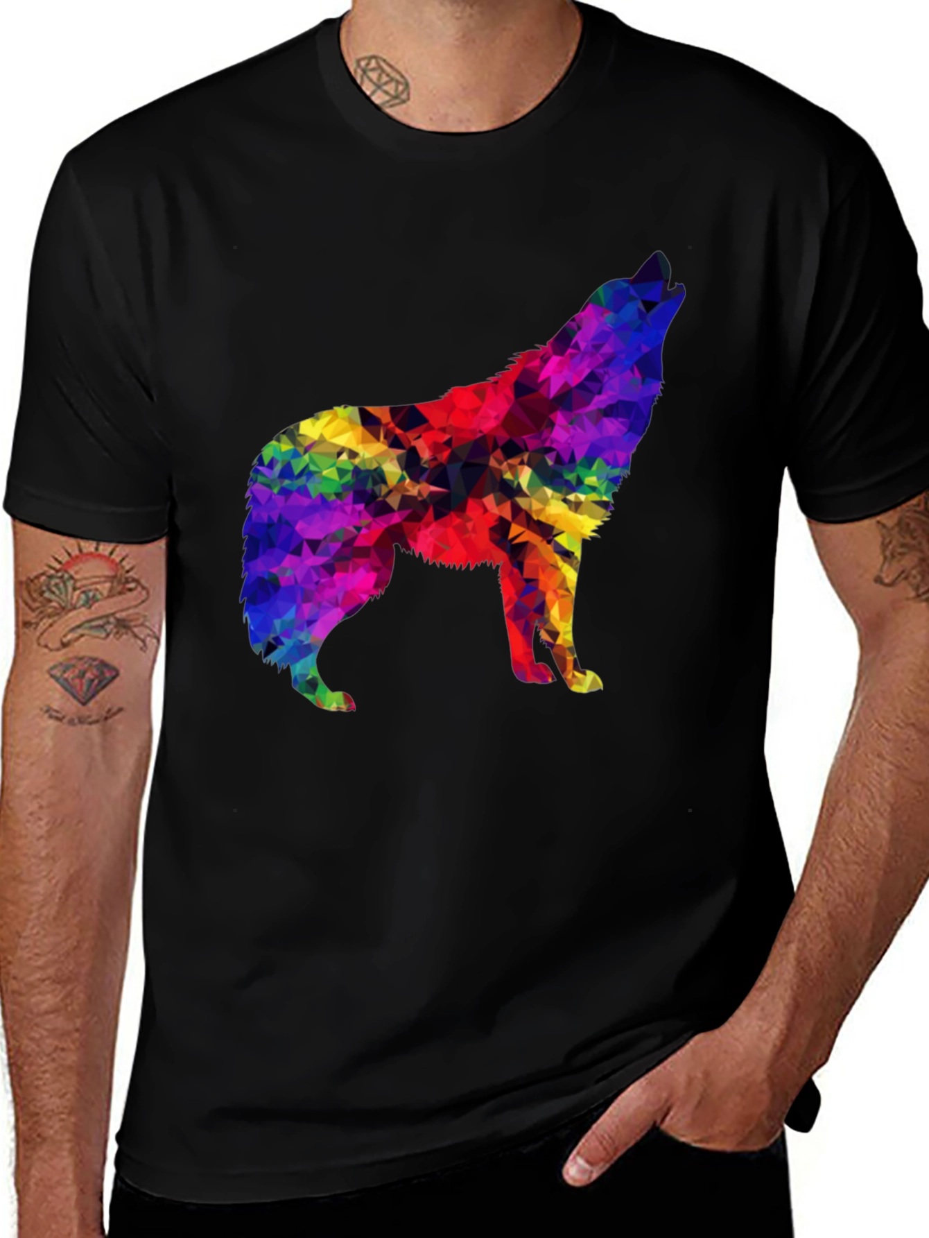 Rainbow Geometric Wolf Graphic Tee - Soft Black T-Shirt