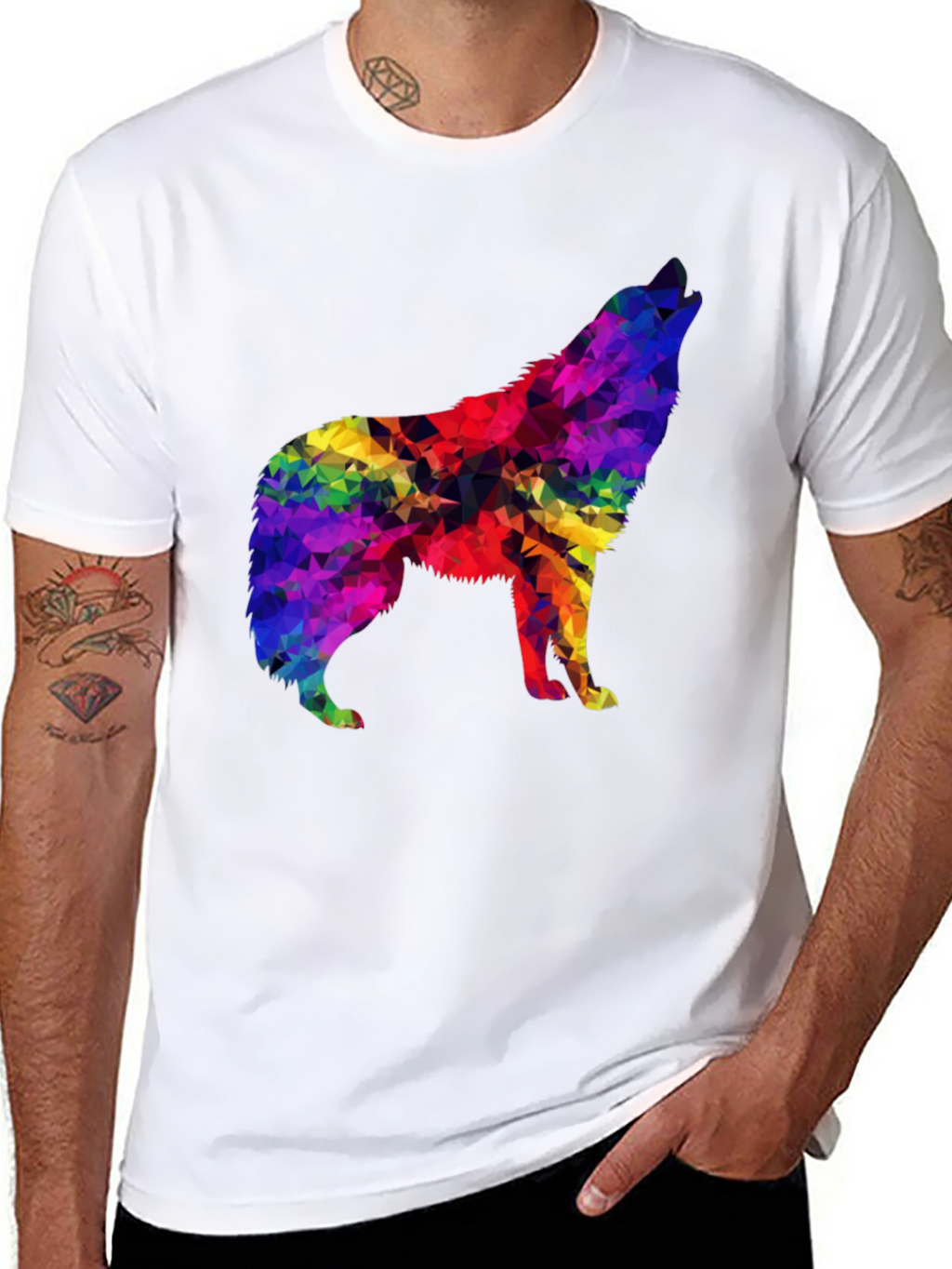 Rainbow Geometric Wolf Graphic Tee - Soft Black T-Shirt
