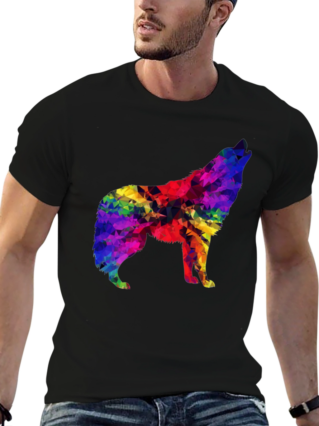 Rainbow Geometric Wolf Graphic Tee - Soft Black T-Shirt