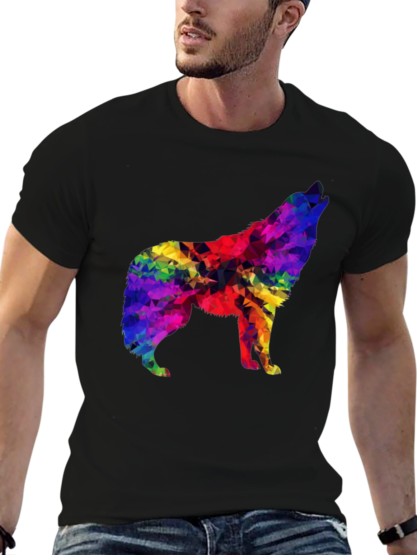 Rainbow Geometric Wolf Graphic Tee - Soft Black T-Shirt