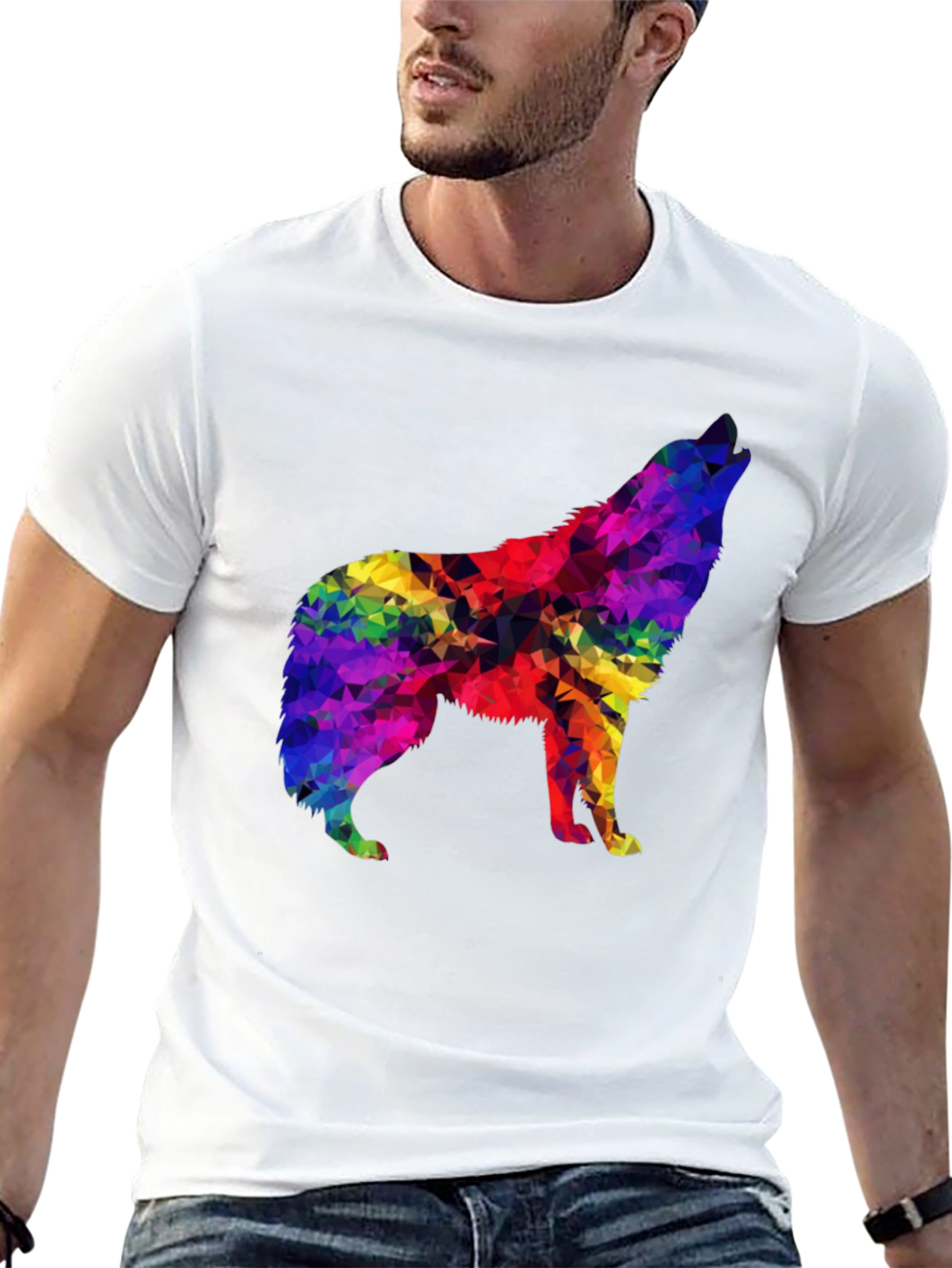 Rainbow Geometric Wolf Graphic Tee - Soft Black T-Shirt