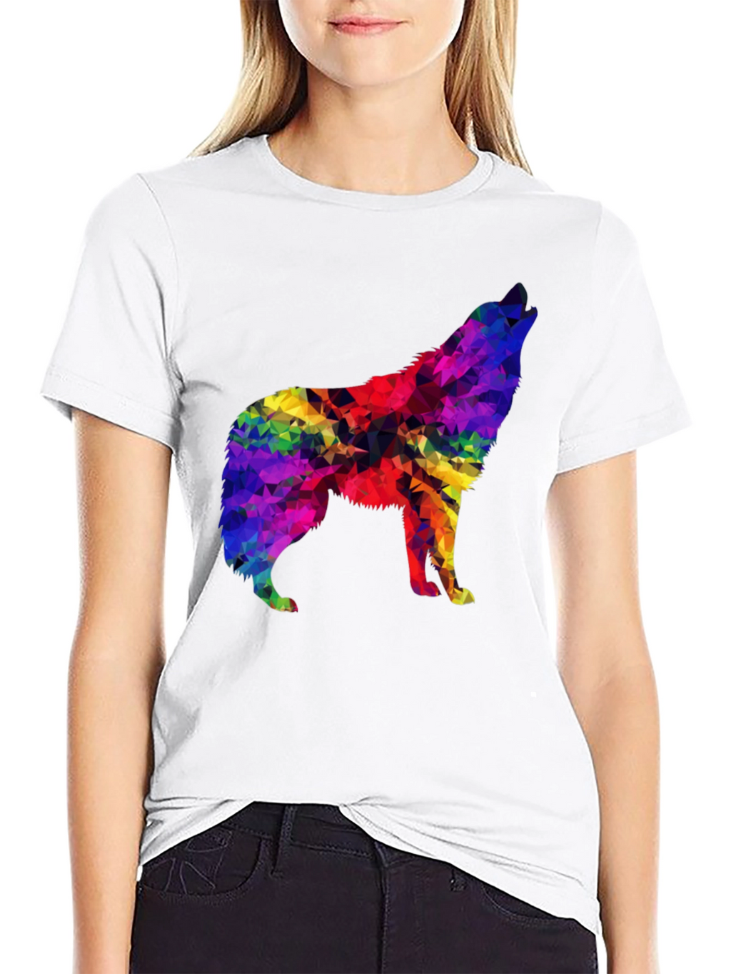 Rainbow Geometric Wolf Graphic Tee - Soft Black T-Shirt