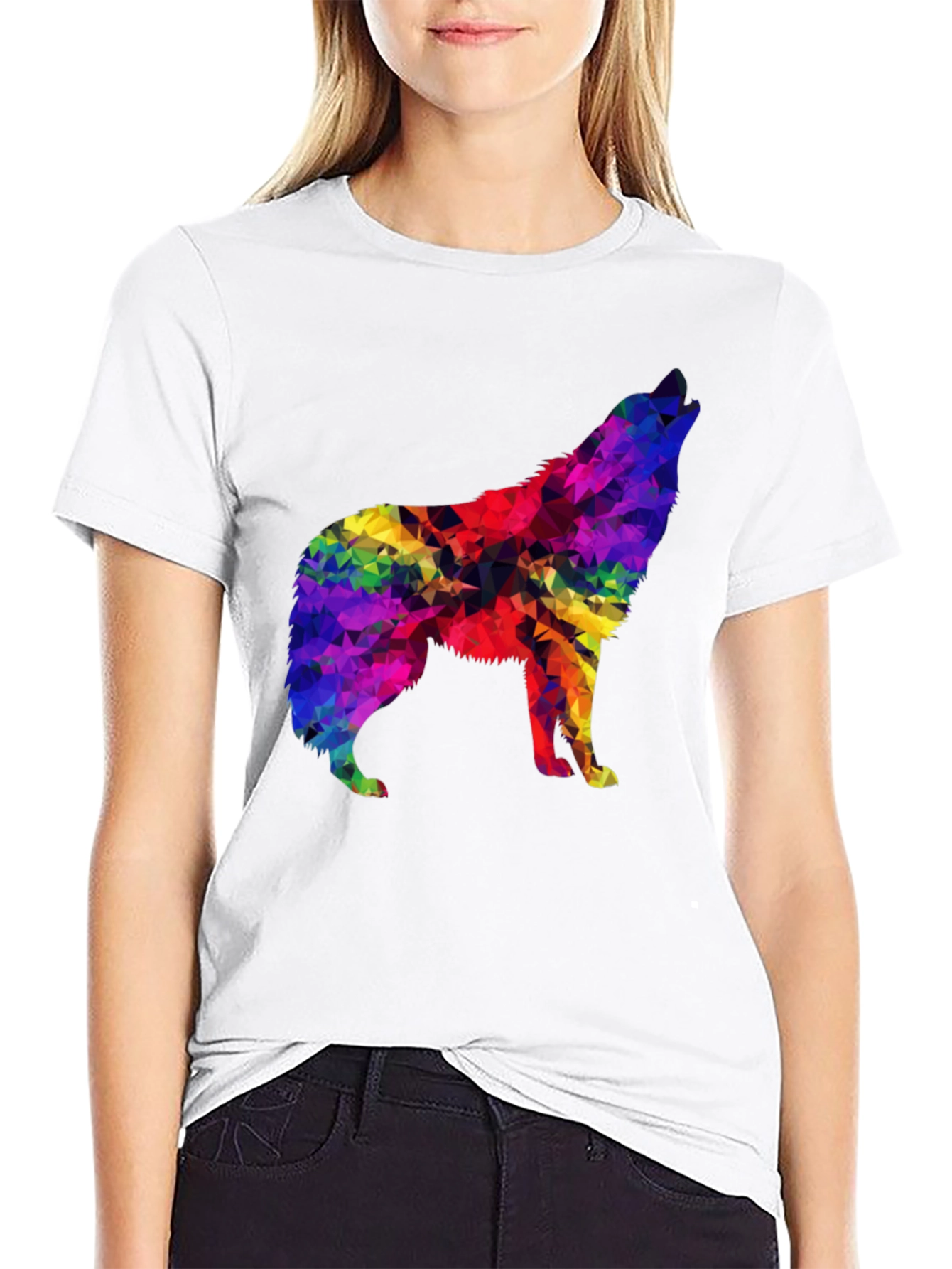 Rainbow Geometric Wolf Graphic Tee - Soft Black T-Shirt