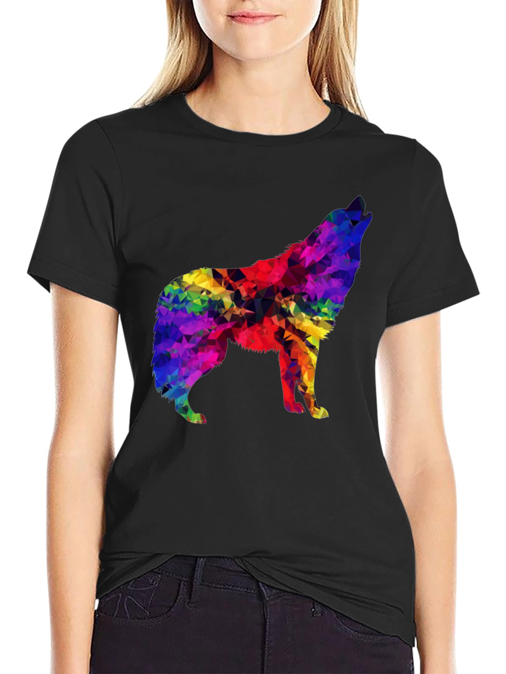Rainbow Geometric Wolf Graphic Tee - Soft Black T-Shirt