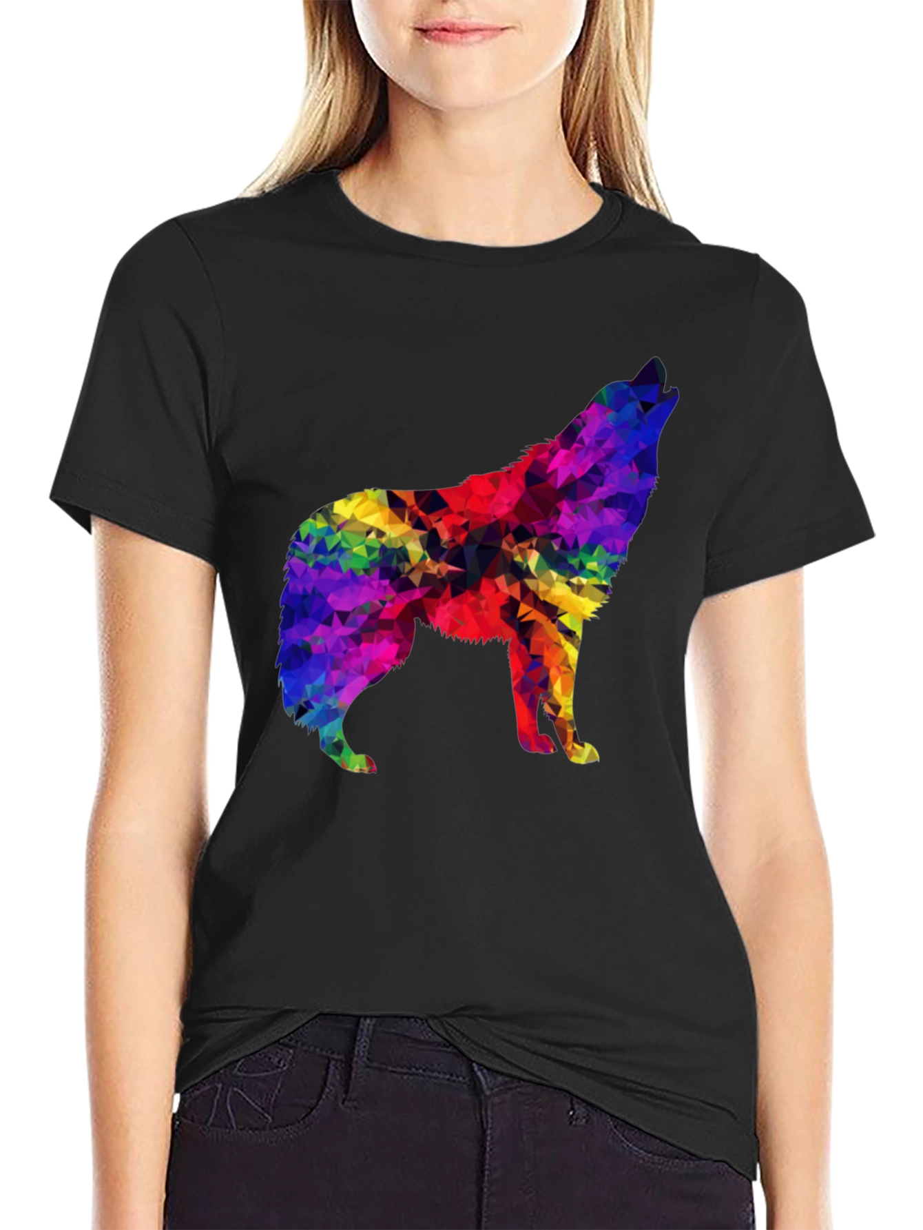 Rainbow Geometric Wolf Graphic Tee - Soft Black T-Shirt